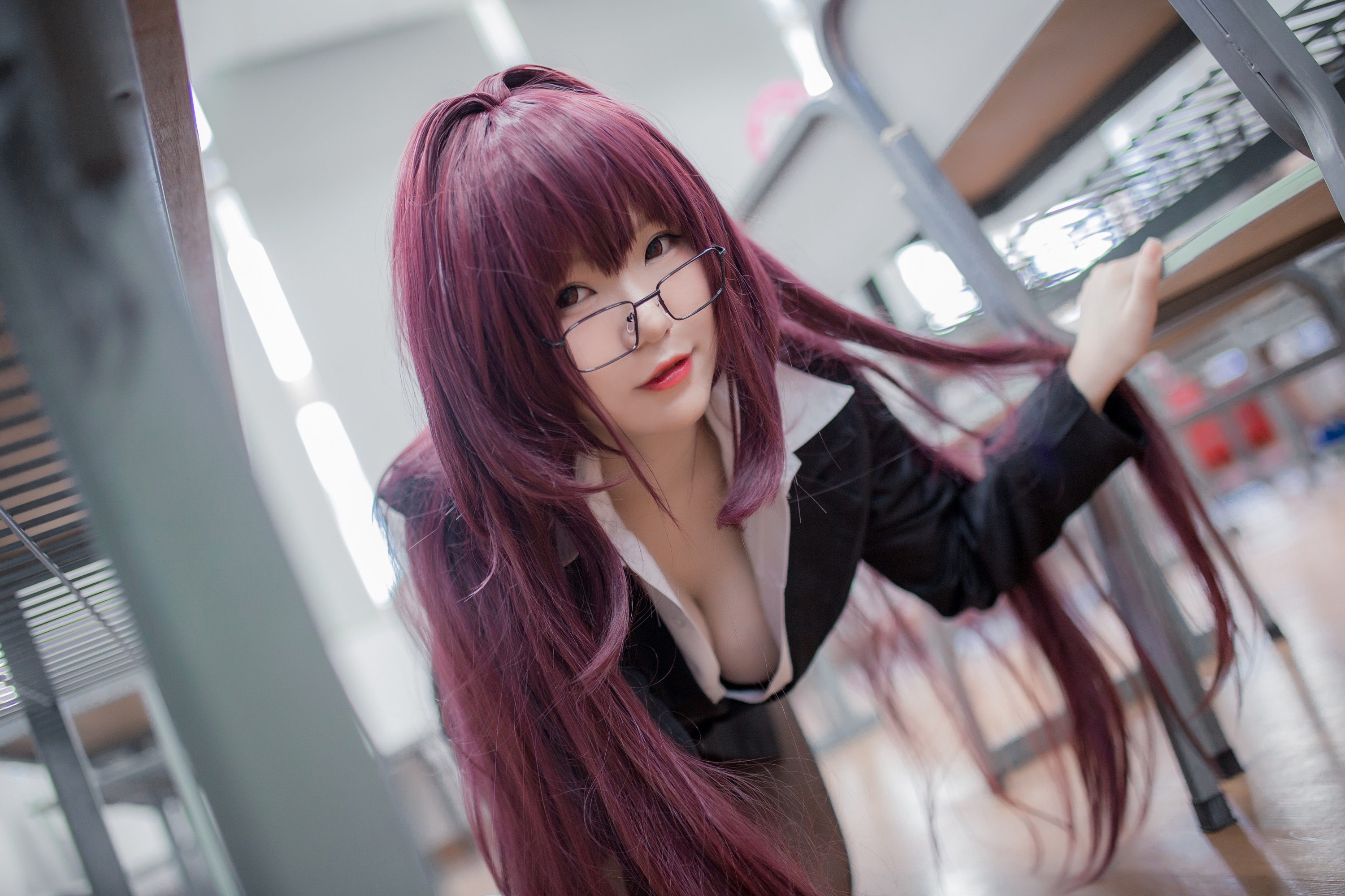 People 3000x2000 Yoko Cos model women purple hair long hair Asian wigs teachers cosplay suits cleavage pantyhose looking at viewer women with glasses glasses red lipstick bent over kneeling on the floor bokeh smiling portrait asian cosplayer classroom indoors women indoors