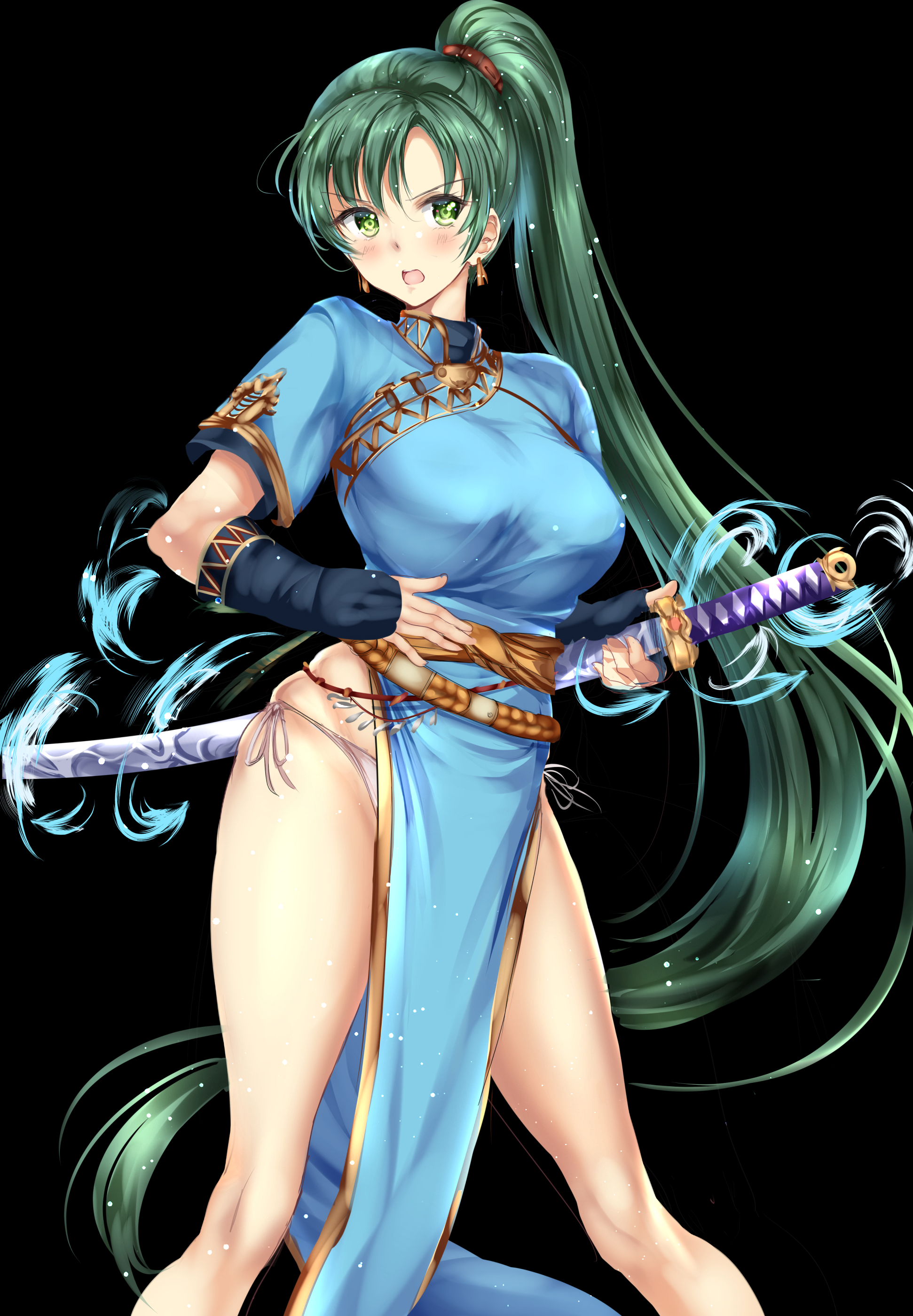 Anime 1942x2800 Fire Emblem green hair katana anime girls anime big boobs Lyn (Fire Emblem) thighs ponytail looking at viewer simple background legs black background weapon women with swords sword long hair open mouth short sleeves green eyes video game girls earring video game characters Gorua