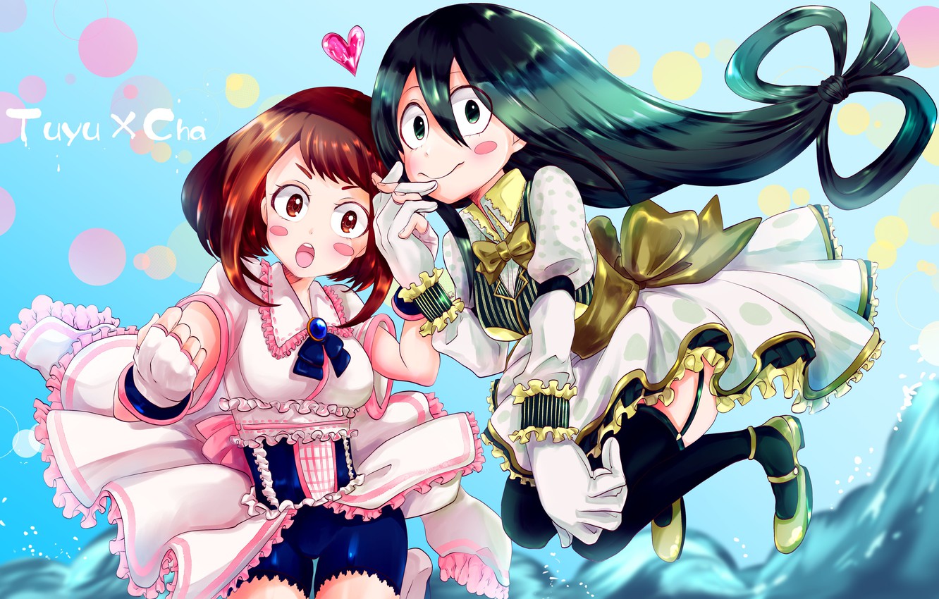 Anime 1332x850 Boku no Hero Academia anime anime girls holding hands long hair open mouth heart (design)