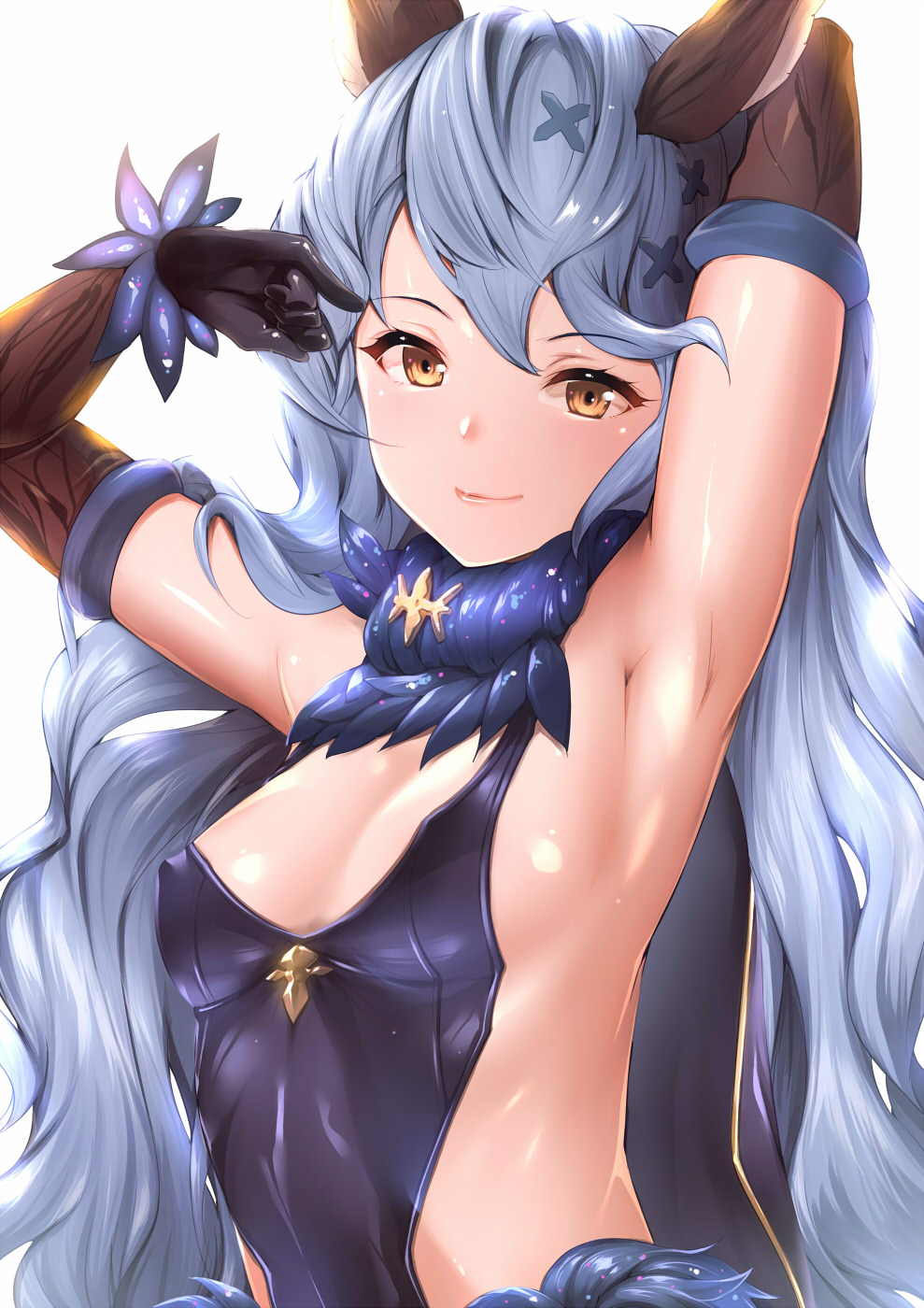 Anime 989x1400 anime girls anime Granblue Fantasy simple background blue hair long hair armpits brown eyes arms up small boobs nipple bulge