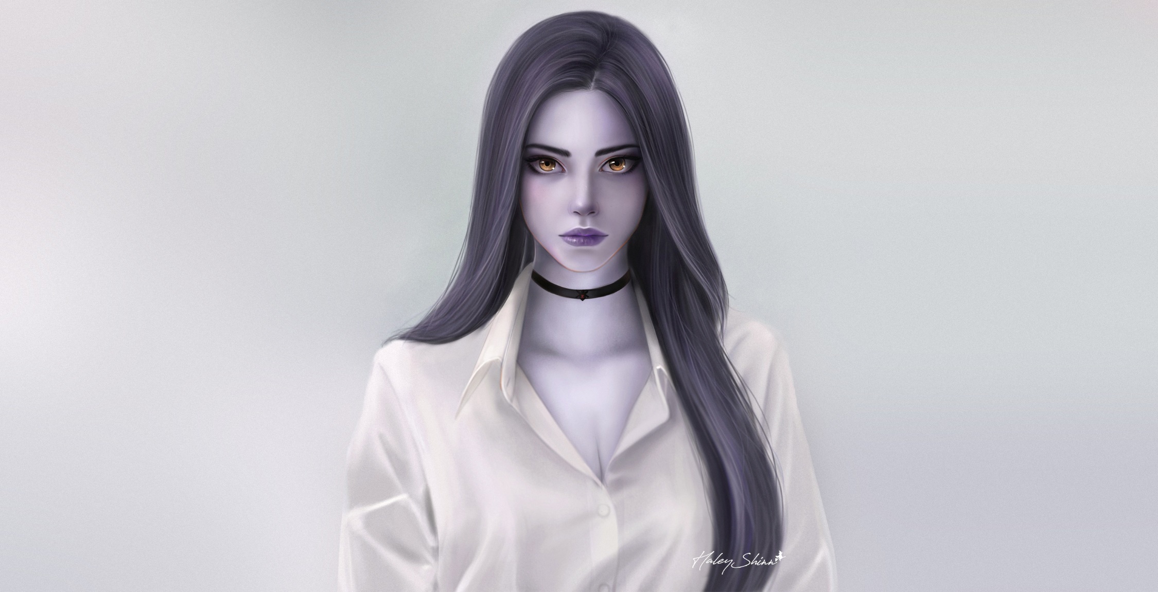 General 2250x1151 women artwork simple background long hair fantasy girl yellow eyes purple lipstick face Widowmaker (Overwatch) cleavage frontal view