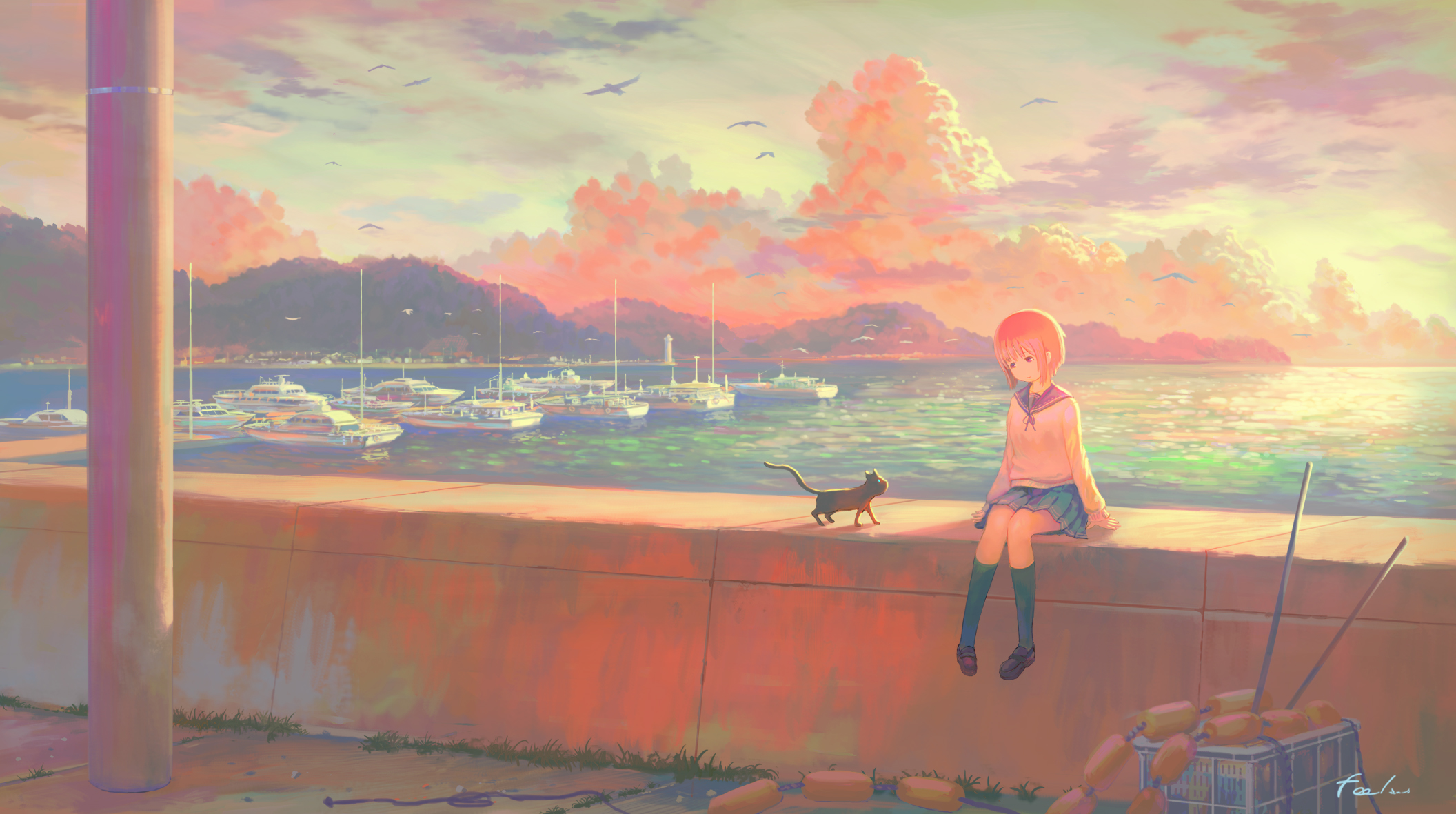 Anime 2112x1181 anime anime girls original characters sky sea cats schoolgirl