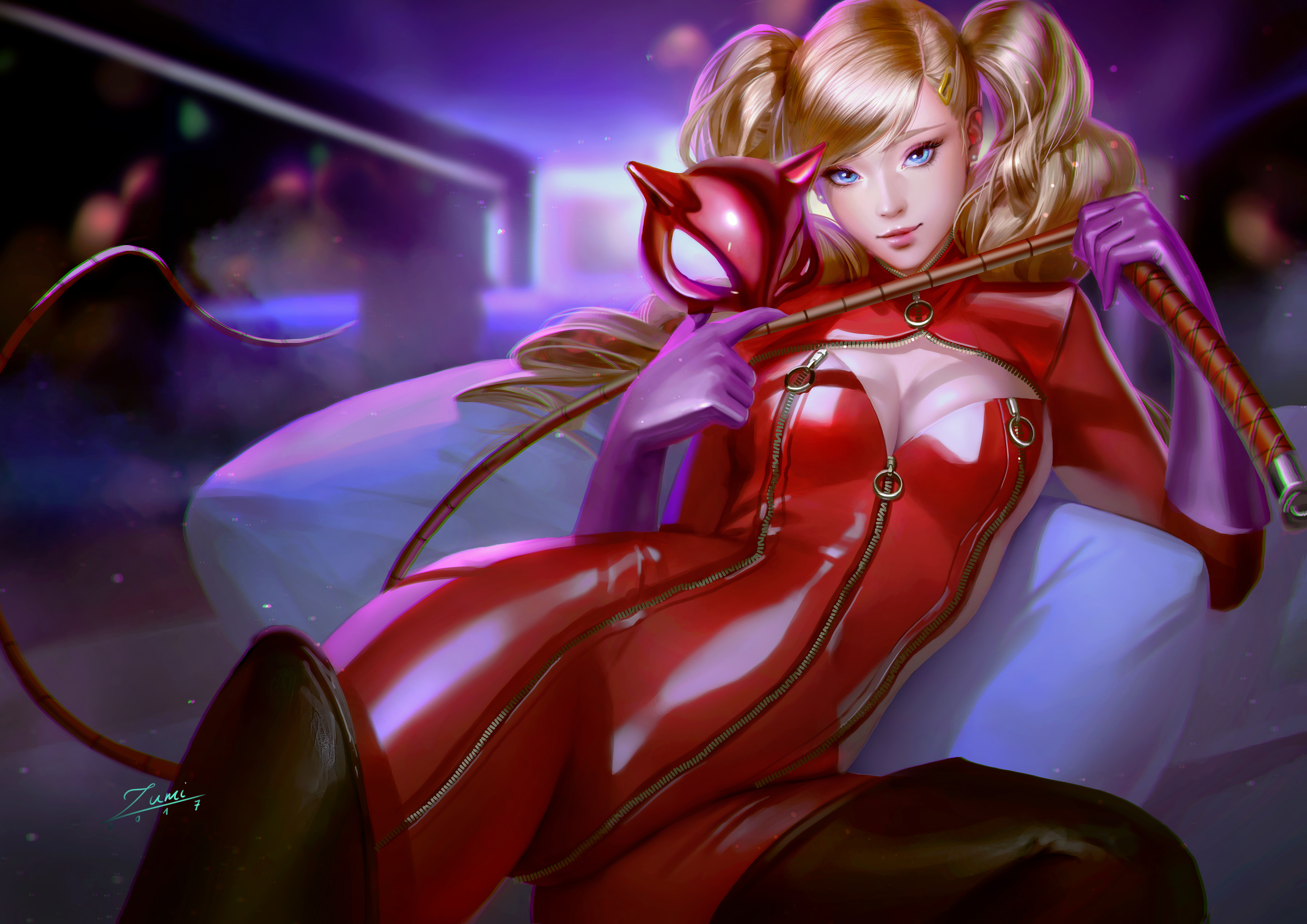 Anime 3508x2481 Ann Takamaki  Persona 5 anime girls women blonde long hair twintails bangs hairpins blue eyes looking at viewer smiling mask whips cleavage zipper tight clothing thigh high boots gloves lying on back depth of field artwork digital art illustration fan art Zumi realistic Persona series video game girls