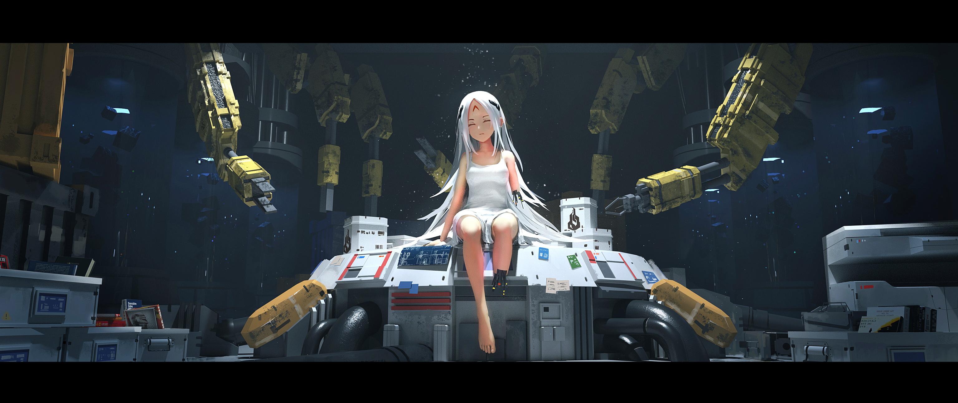 Anime 3072x1294 white hair digital art amputee robot ultrawide