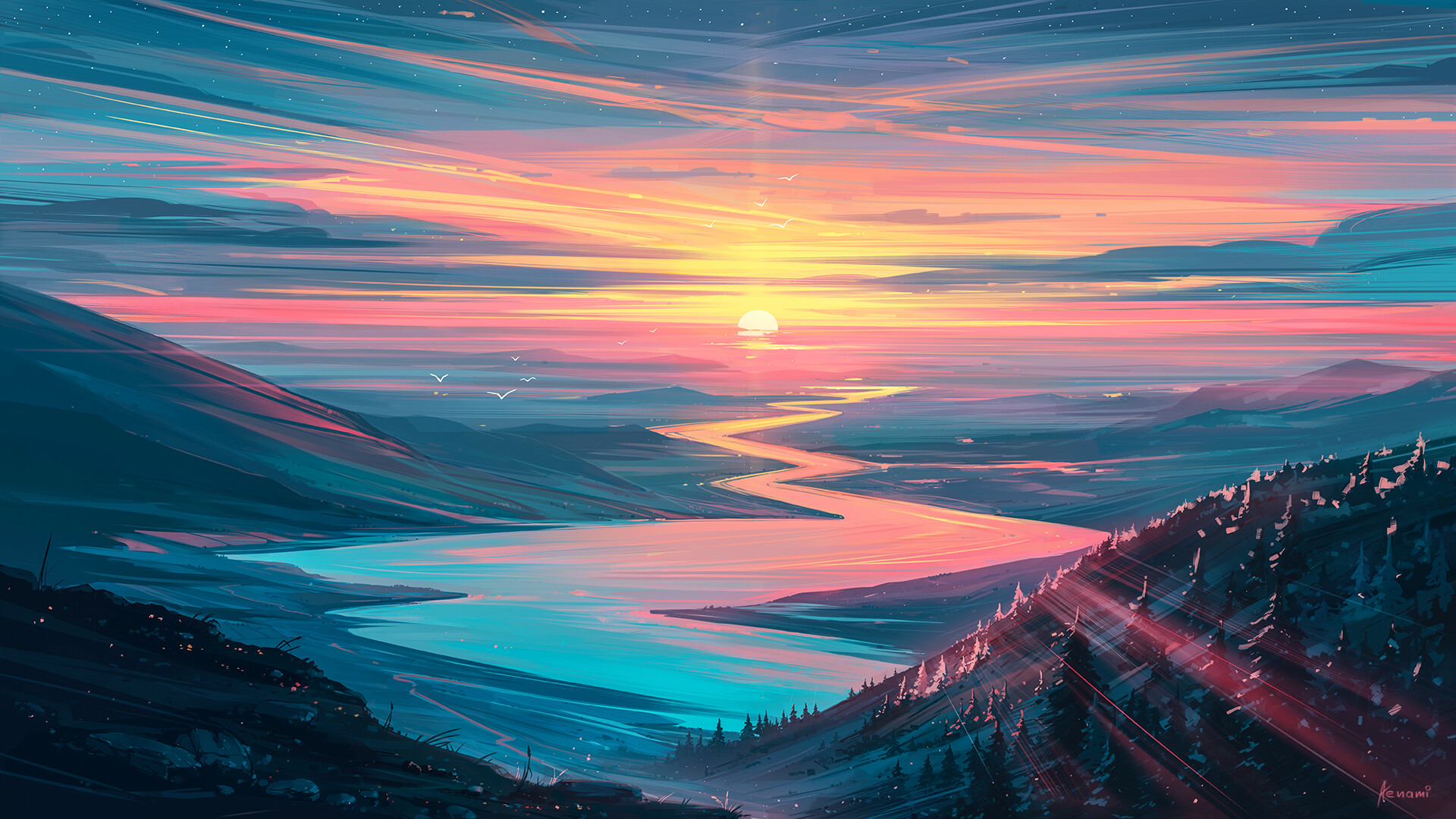 General 1920x1080 digital art artwork Aenami sunset mountains