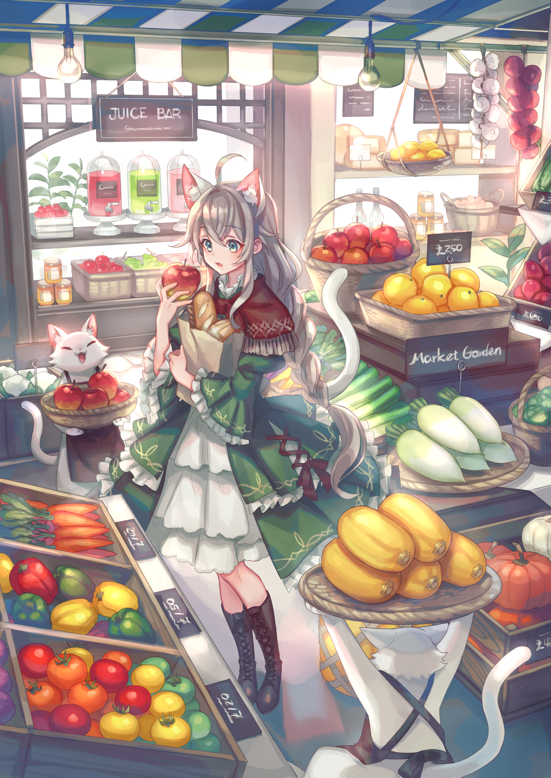 Anime 1771x2500 anime anime girls artwork portrait display Zoff cat girl cats animal ears tail markets vegetables fruit stores food women indoors standing dress apples menu hair between eyes 2D cat ears cat tail bread baguette wide sleeves long hair ahoge open mouth