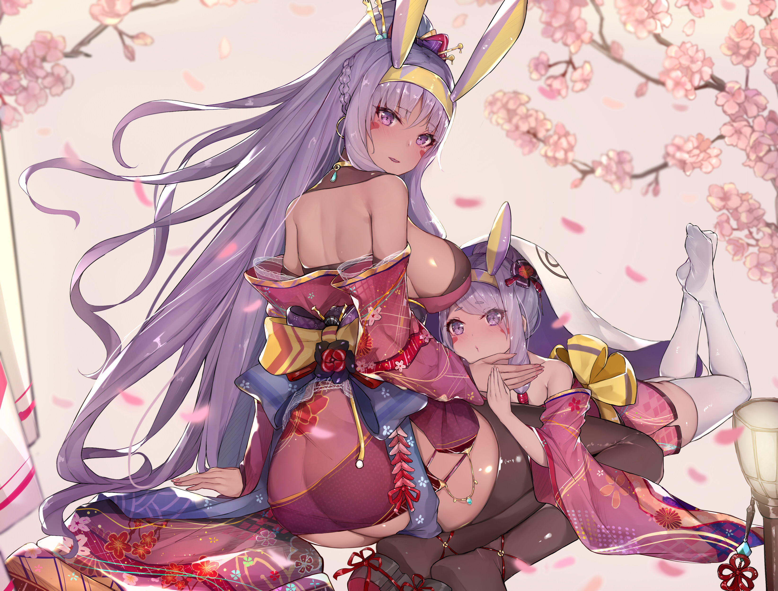 Anime 3288x2497 Fate/Grand Order Nitocris (Fate/Grand Order) ass blushing long hair purple hair purple eyes thighs ponytail loli flowers anime cherry blossom thigh-highs Japanese clothes sideboob animal ears anime girls Fate series sherryQQ
