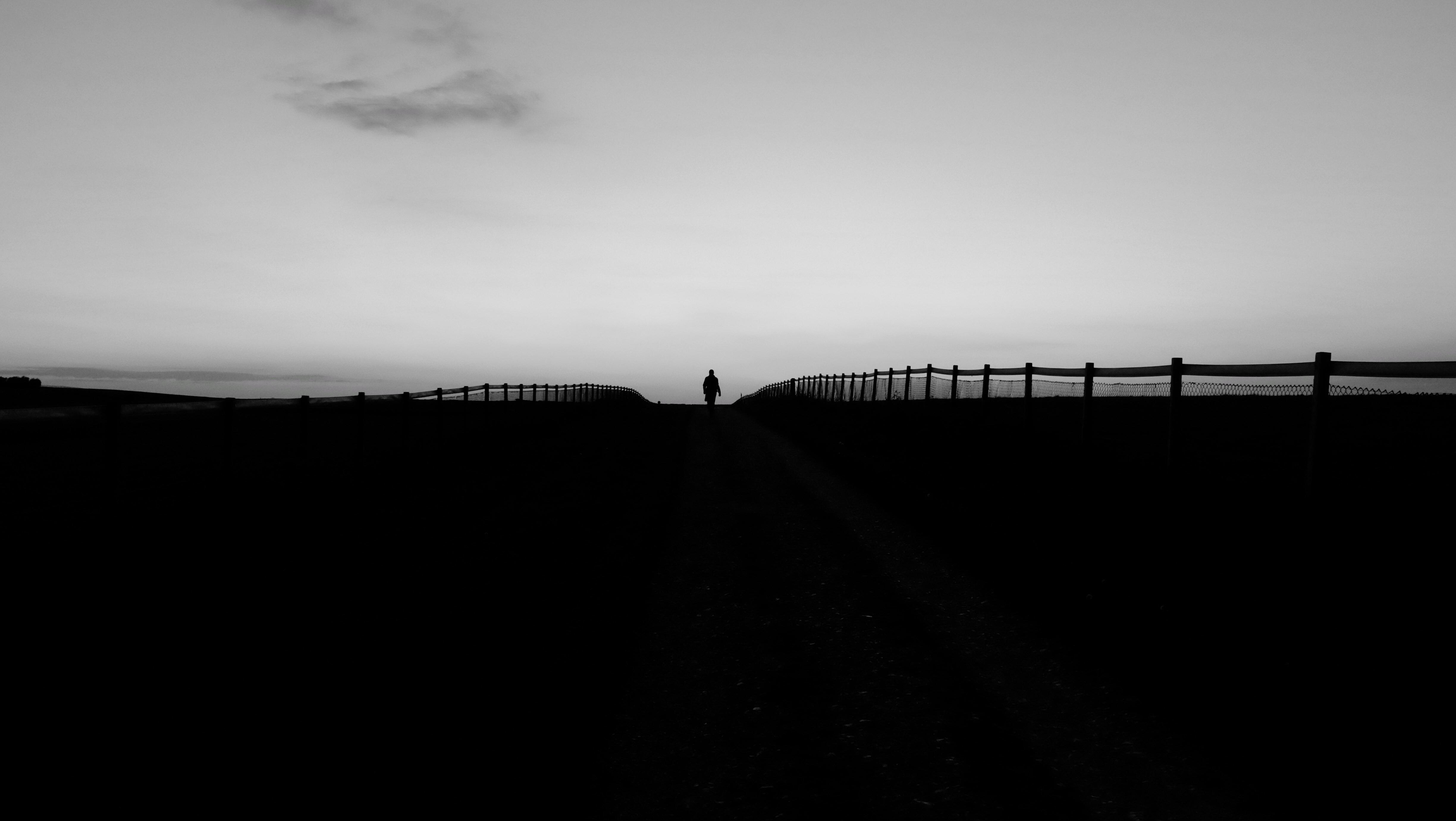 General 4896x2760 bridge people alone dark outdoors fence walking silhouette monochrome