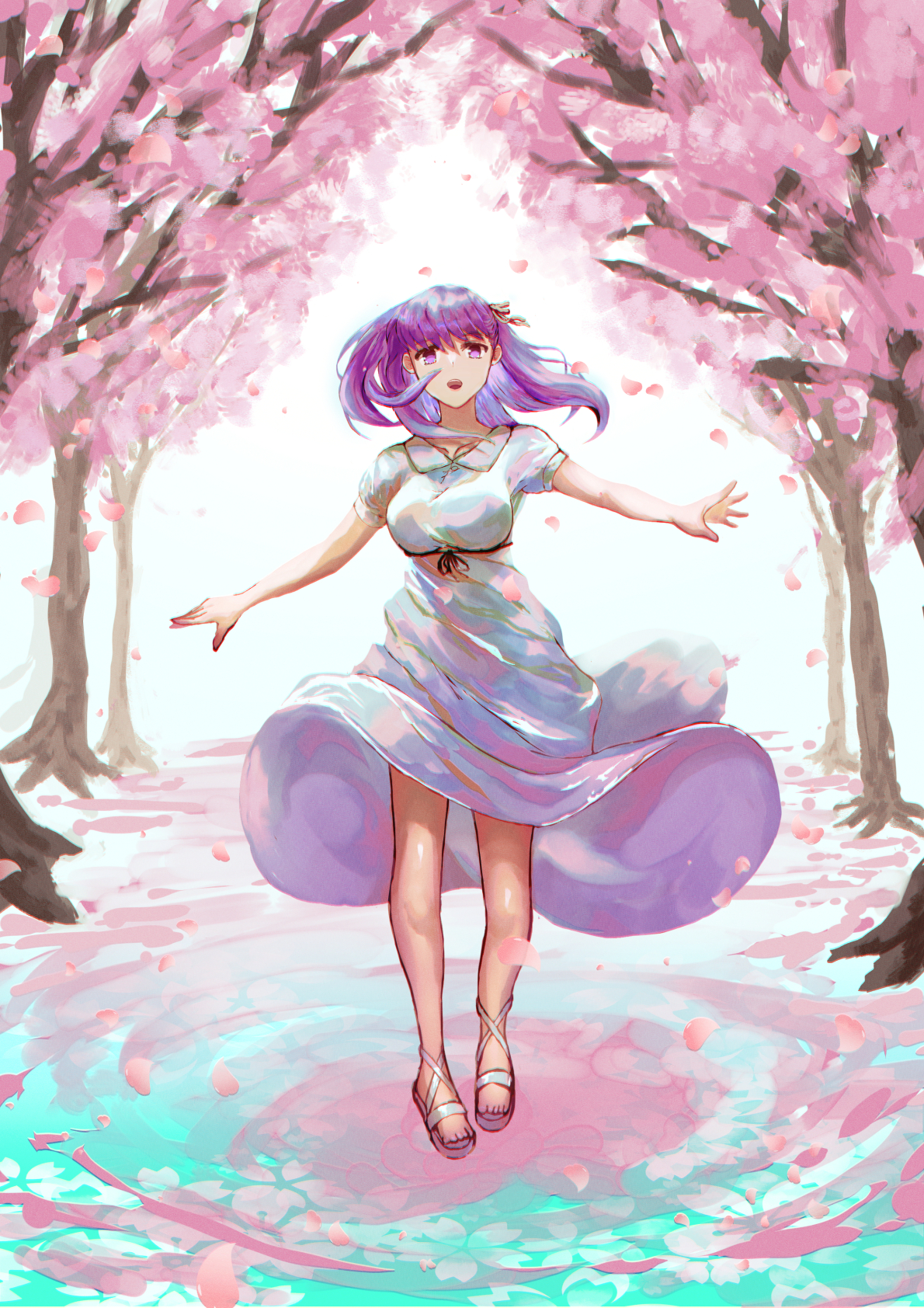 Anime 1190x1684 Fate series Fate/Stay Night fate/stay night: heaven's feel anime girls thighs white dress thick thigh long hair purple hair big boobs cherry trees open mouth Matou Sakura 2D purple eyes portrait display lifting skirt petals spring red ribbon looking at viewer fan art curvy cherry blossom