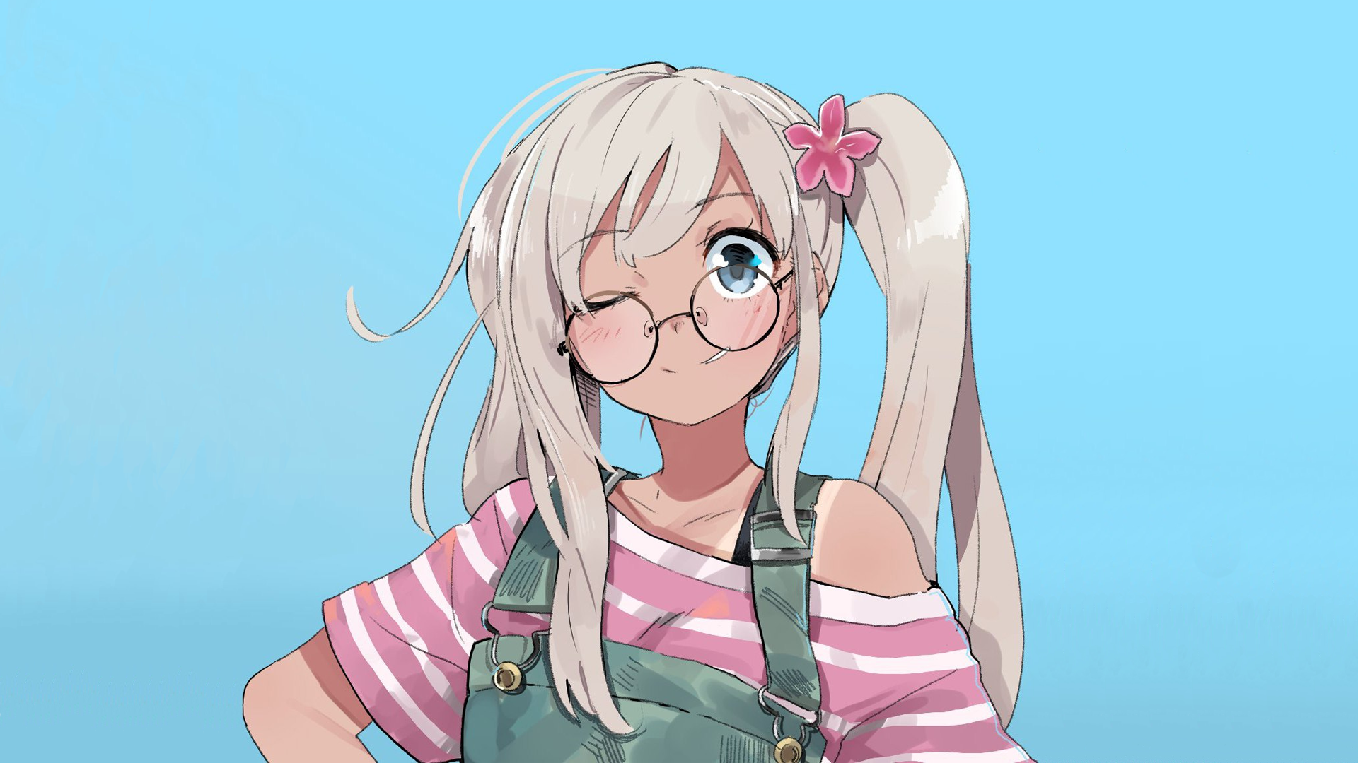 Anime 1920x1080 anime manga anime girls simple background meganekko glasses blonde striped twintails blue overalls Ro-500 (KanColle) Kantai Collection cyan cyan background