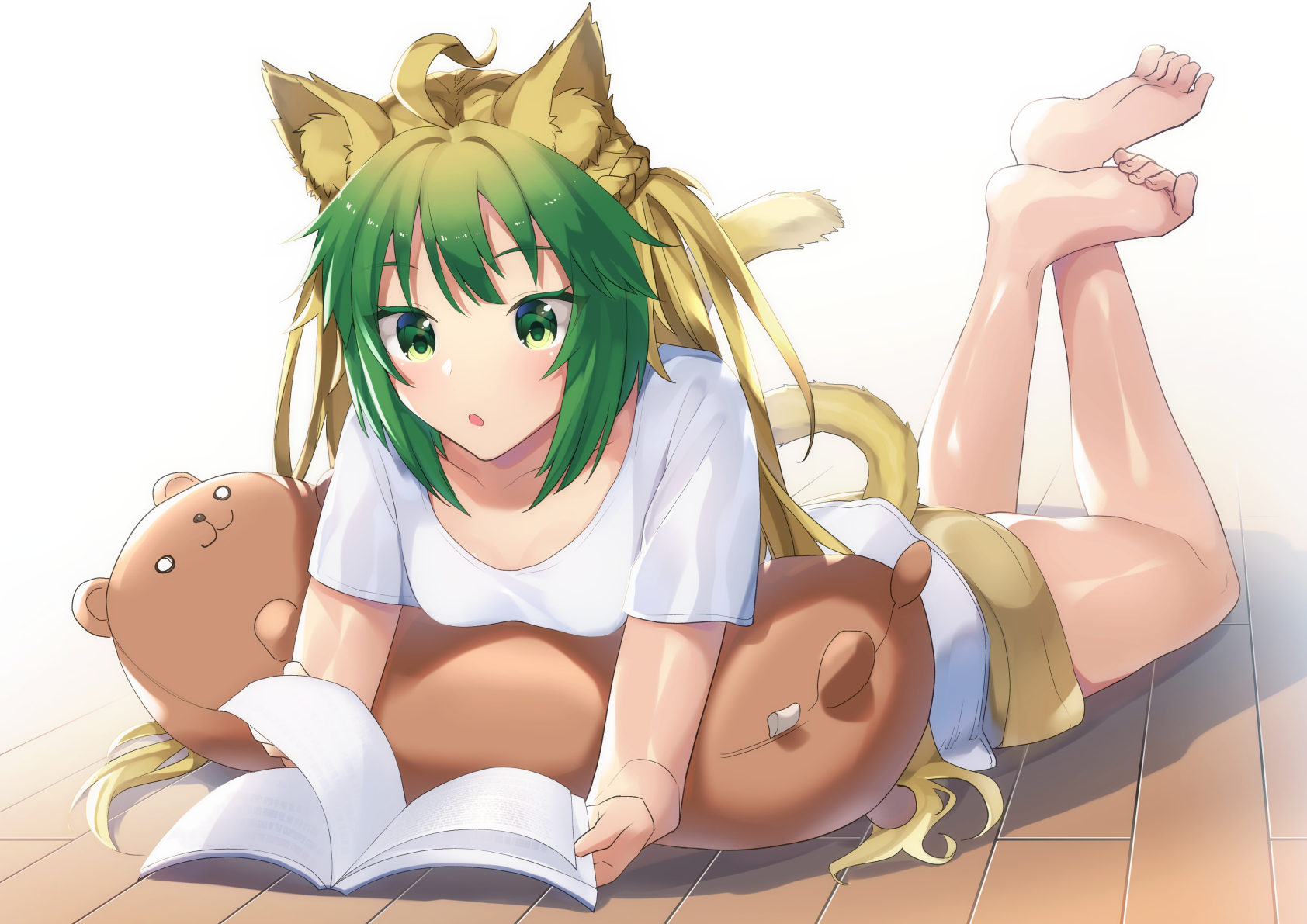 Anime 1684x1191 Fate series Fate/Apocrypha  anime girls feet in the air long hair green hair green eyes 2D Fate/Grand Order reading thighs open mouth small boobs fan art white t-shirt Atalanta (Fate/Grand Order) curvy cat girl gradient hair ahoge legs up braids anime portrait display alternate costume two tone hair cleavage blushing lying on front women indoors bangs blonde