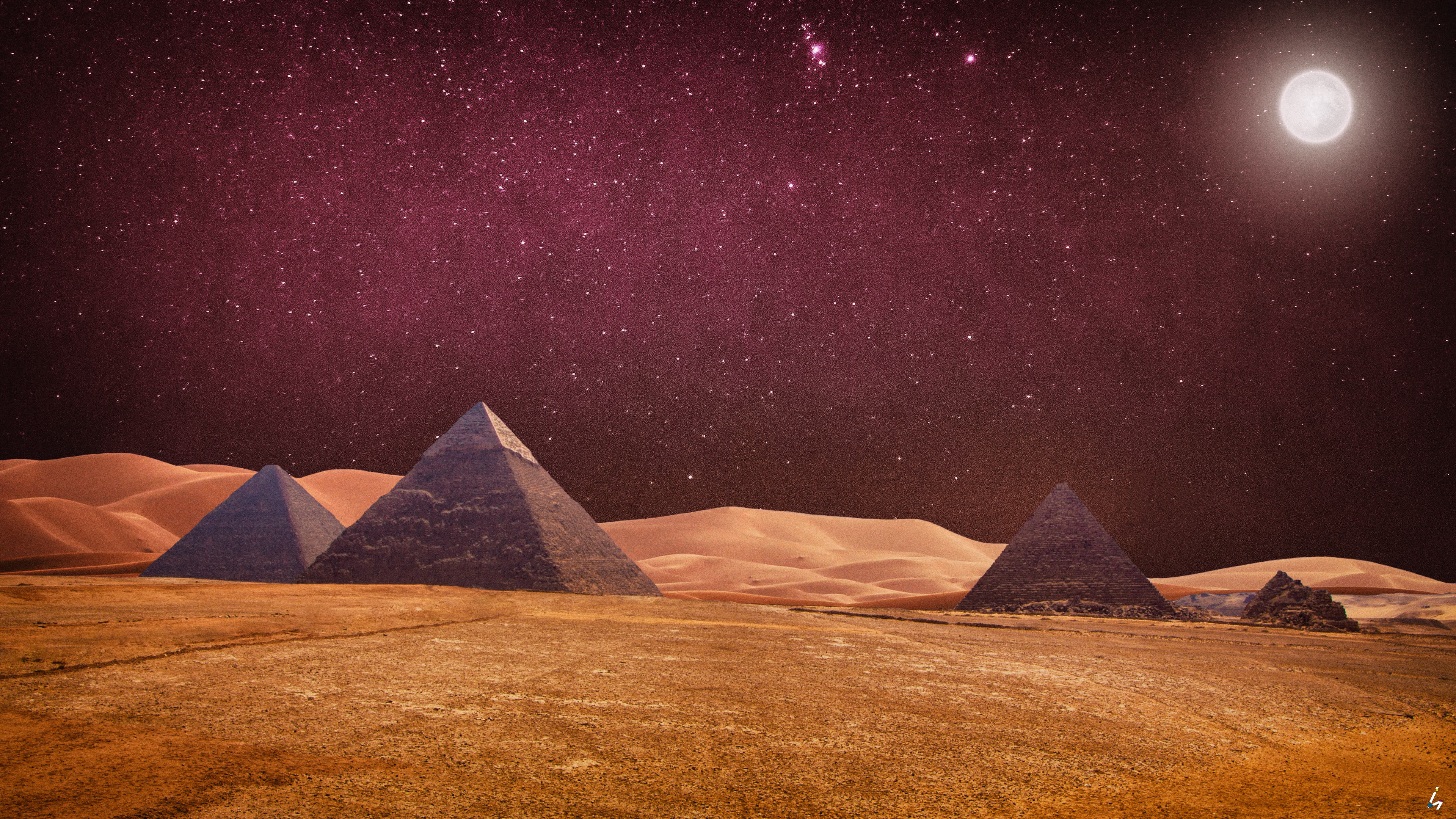 General 3840x2160 desert pyramid effects digital art CGI photoshopped landscape night stars Moon