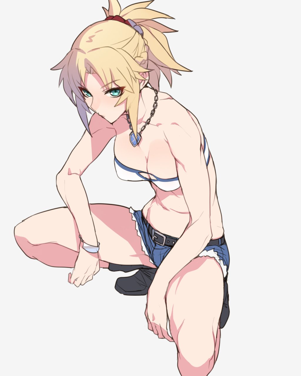 Anime 1024x1280 Fate series Mordred (Fate/Apocrypha) anime girls Bansanv3 blonde squatting green eyes necklace shorts