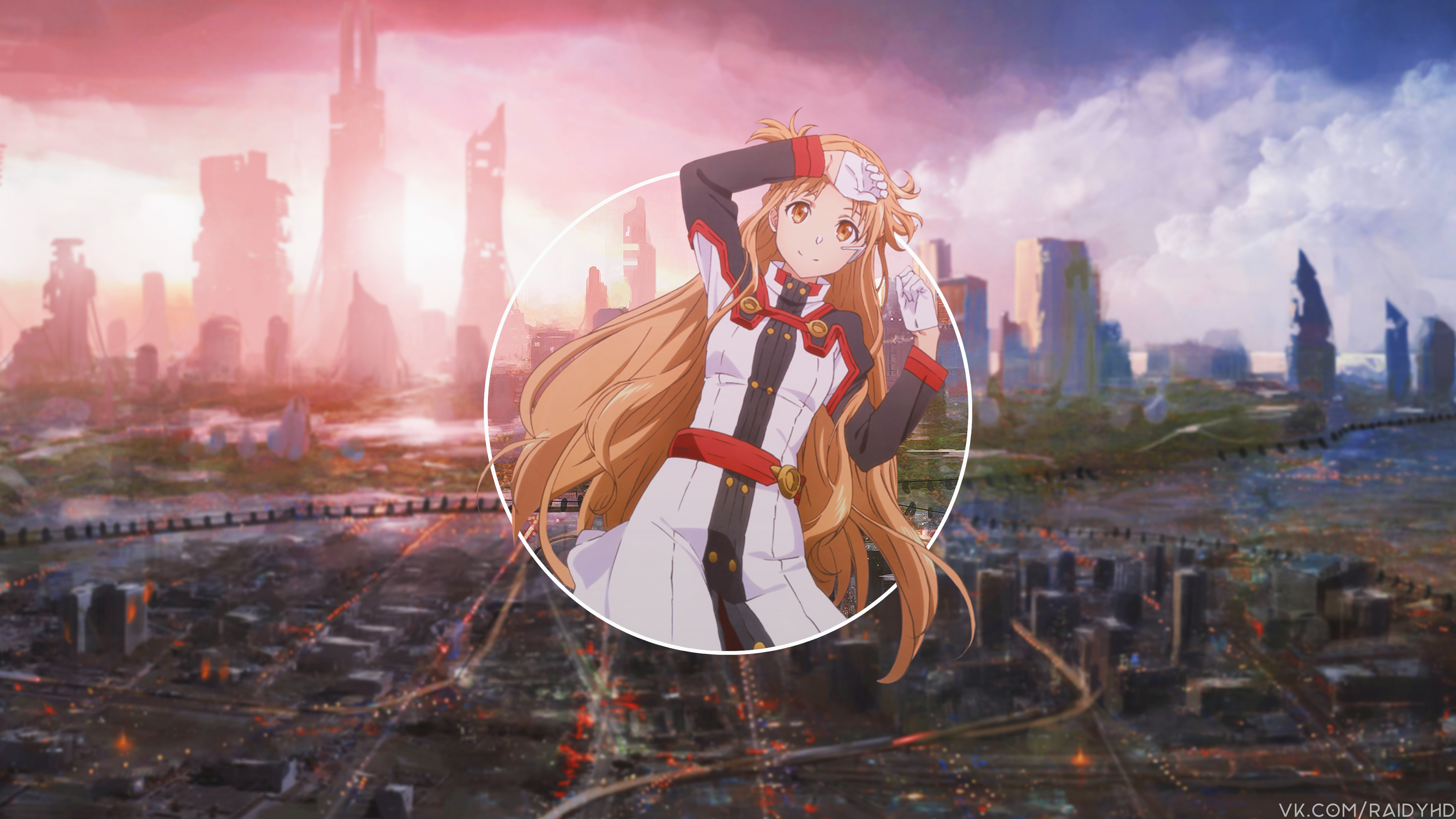 Anime 3840x2160 anime anime girls picture-in-picture Sword Art Online Yuuki Asuna (Sword Art Online) long hair cityscape arms up