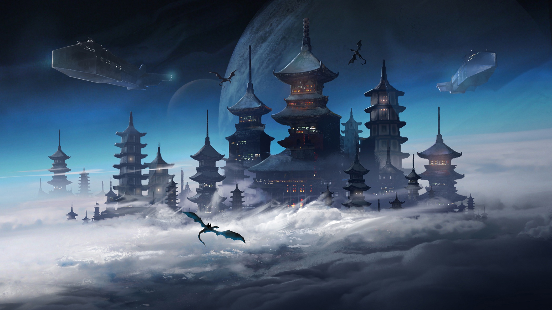 General 2100x1181 digital art castle fantasy art futuristic Asian architecture pagoda dragon spaceship planet clouds science fiction space Jordan Grimmer