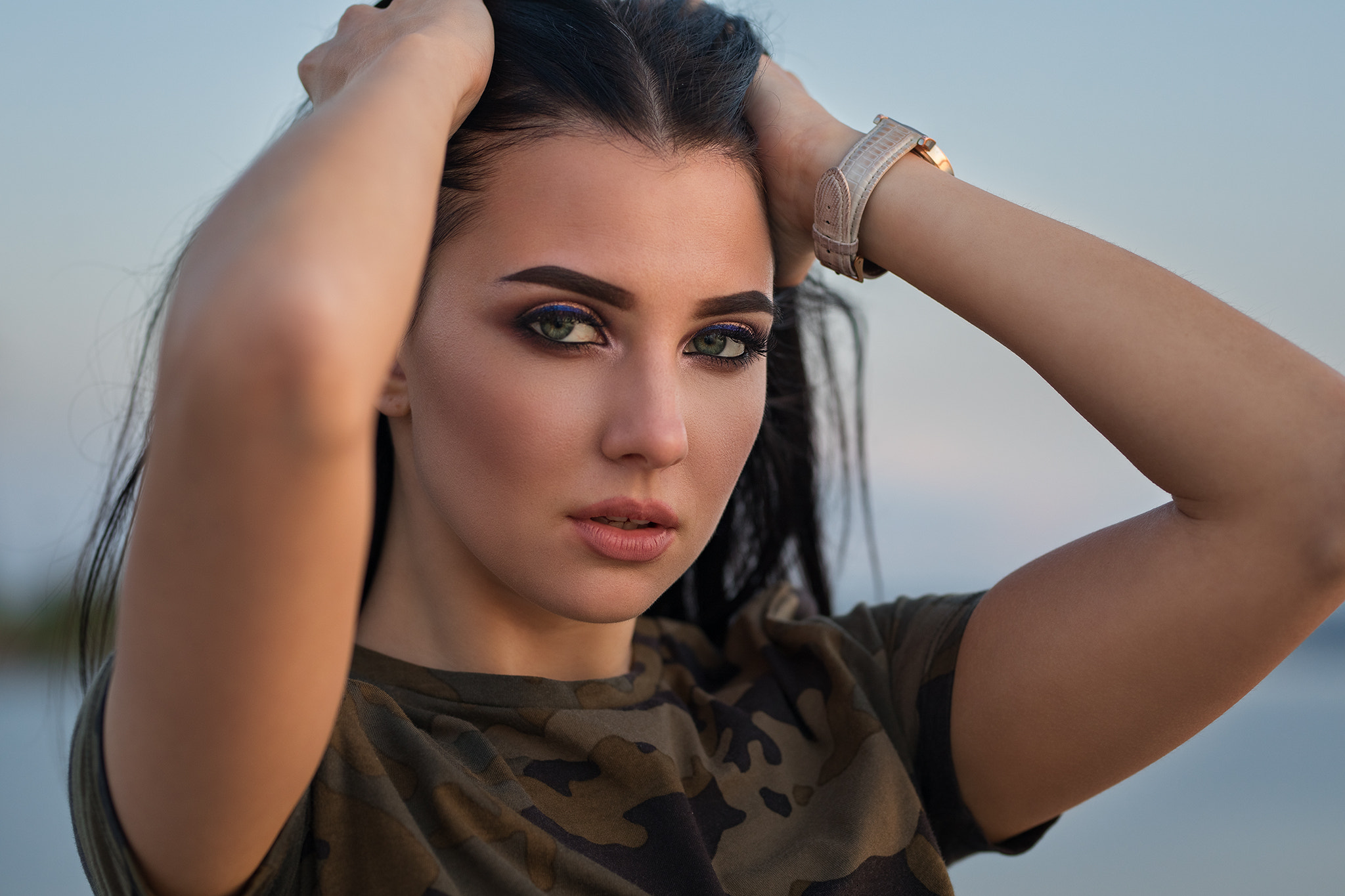 People 2048x1365 women hands on head portrait T-shirt hands in hair looking at viewer tanned smoky eyes watch open mouth bokeh Kristina Romanova Dmitry Shulgin closeup