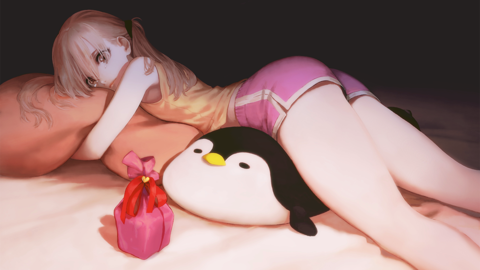 Anime 1920x1080 anime anime girls blonde shorts crying penguins presents white skin pillow lying on front pillow hug short shorts tank top Navigavi looking at viewer