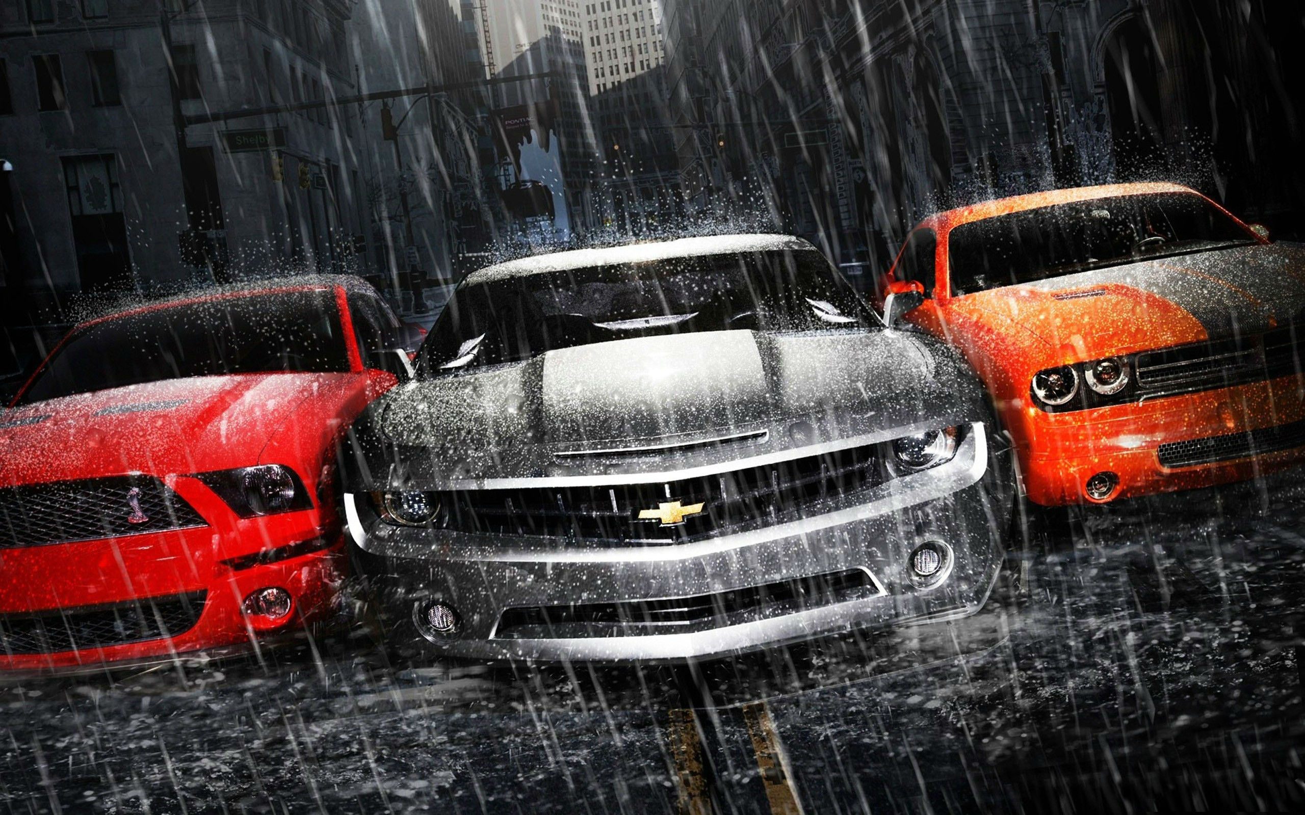 General 2560x1600 car Chevrolet Camaro Dodge Challenger Ford Mustang rain city vehicle red cars silver cars orange cars Ford Mustang S-197 Ford muscle cars American cars