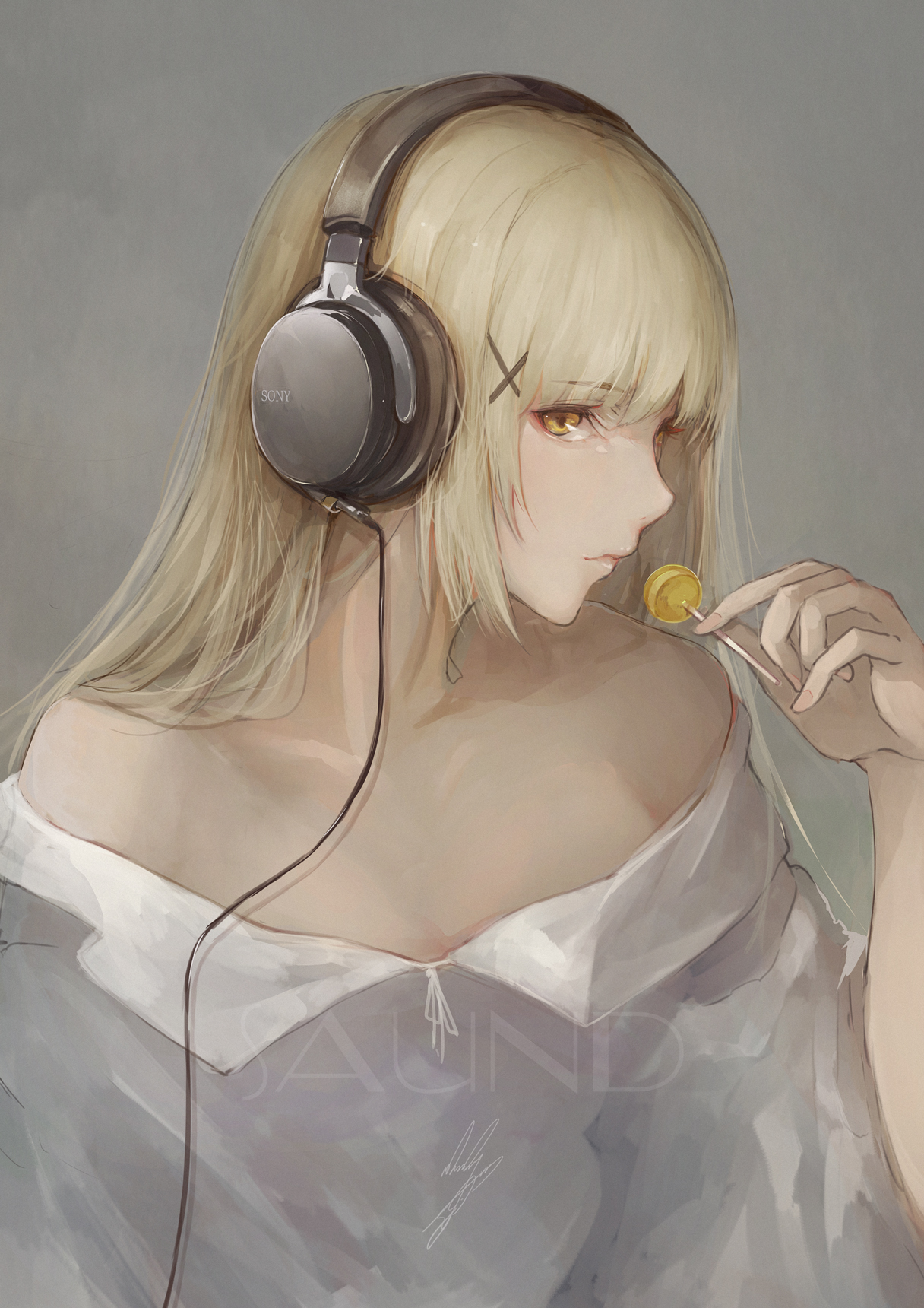 Anime 1216x1720 anime anime girls headphones lollipop blonde long hair