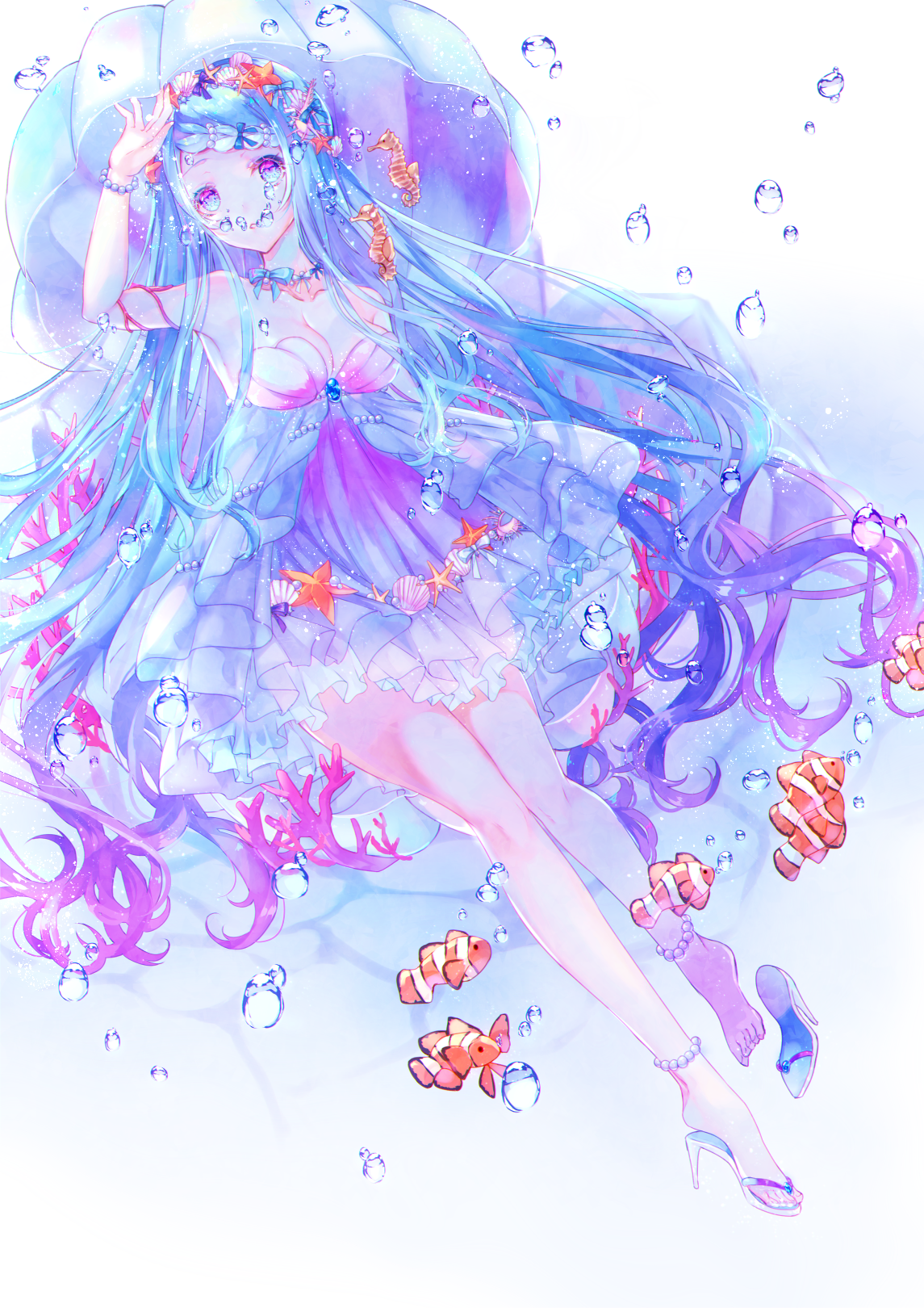 Anime 1145x1620 anime anime girls colorful blue hair underwater fish long hair shoe dangle