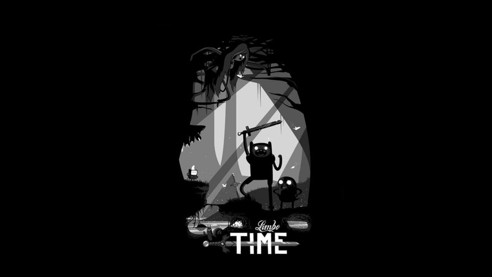 General 1600x900 Adventure Time Jake the Dog Finn the Human Limbo dark crossover black digital art simple background