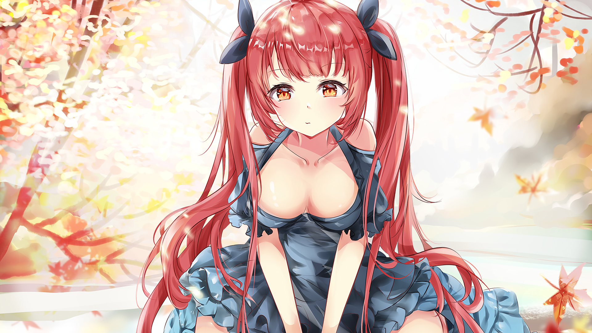 Anime 1920x1080 cleavage long hair redhead anime