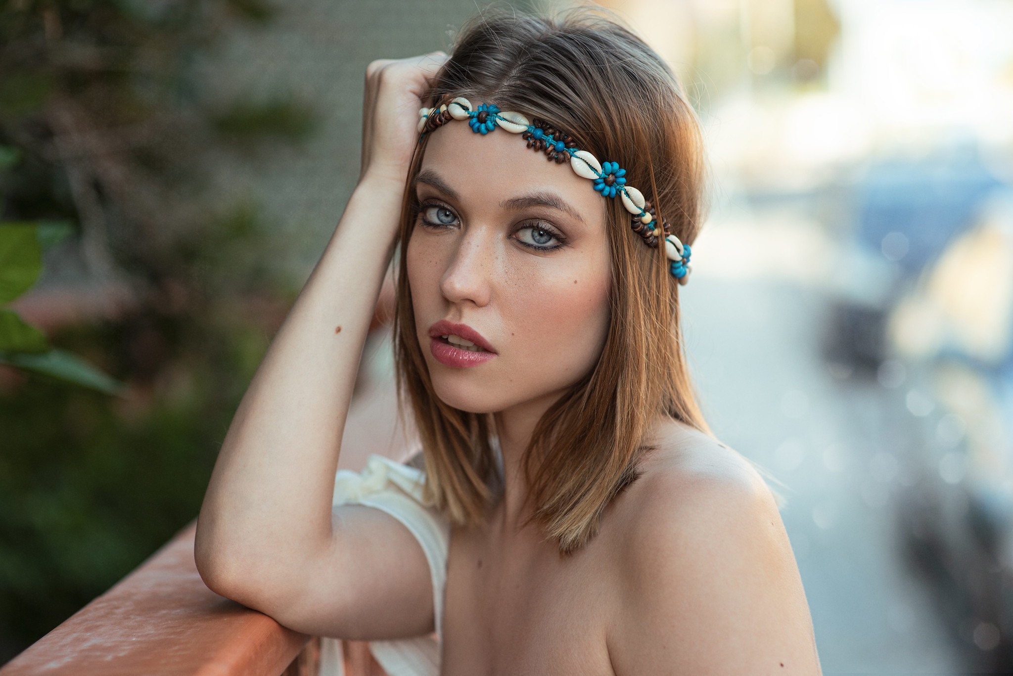 People 2048x1367 makeup brunette women outdoors model bare shoulders hairband blue eyes Javier Jayma Ekaterina Rothko portrait one arm up parted lips sensual gaze outdoors looking at viewer freckles face hands on head women depth of field