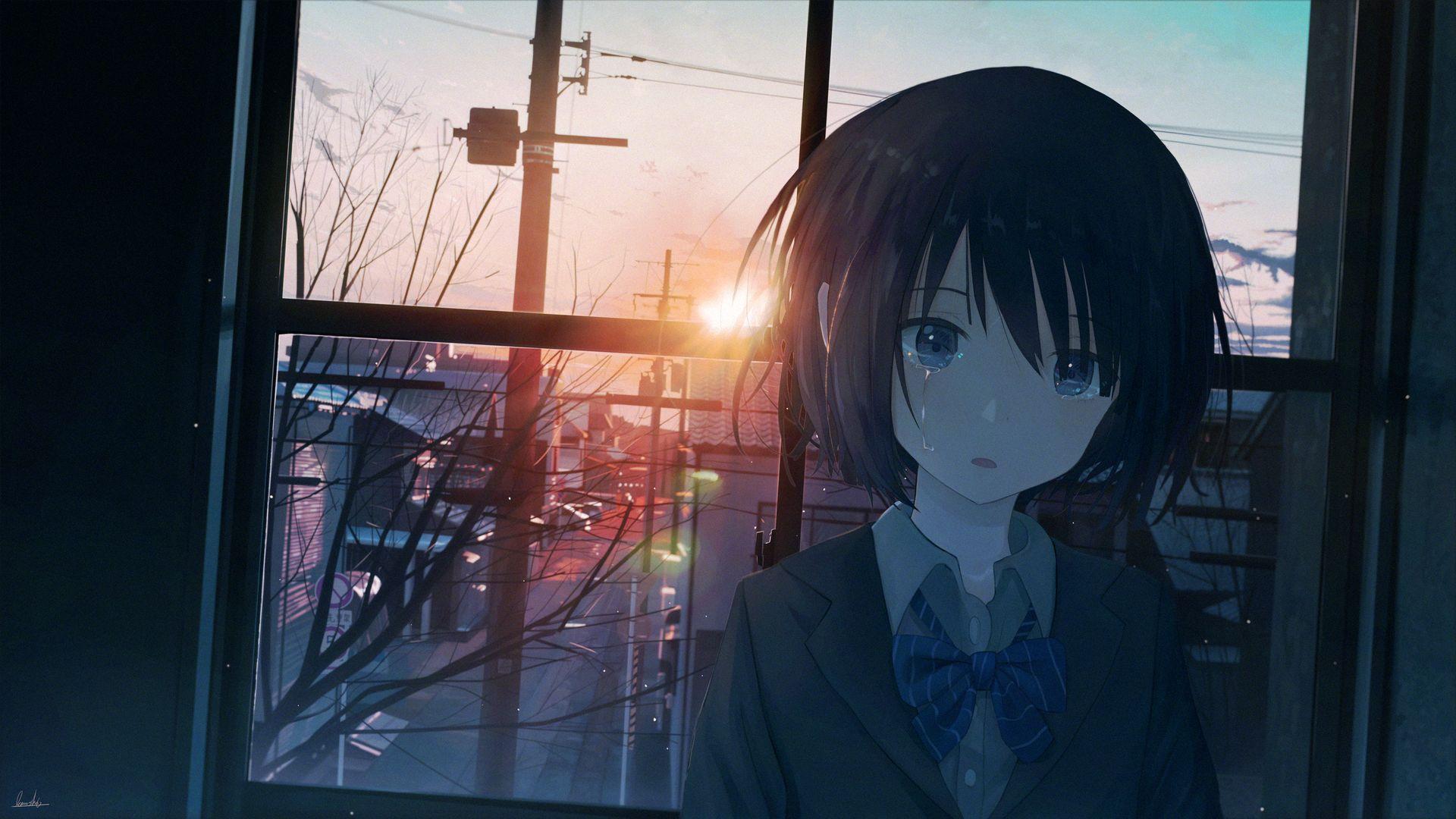Anime 1920x1080 anime girls morning Japan dawn crying window frames city bow tie short hair black hair