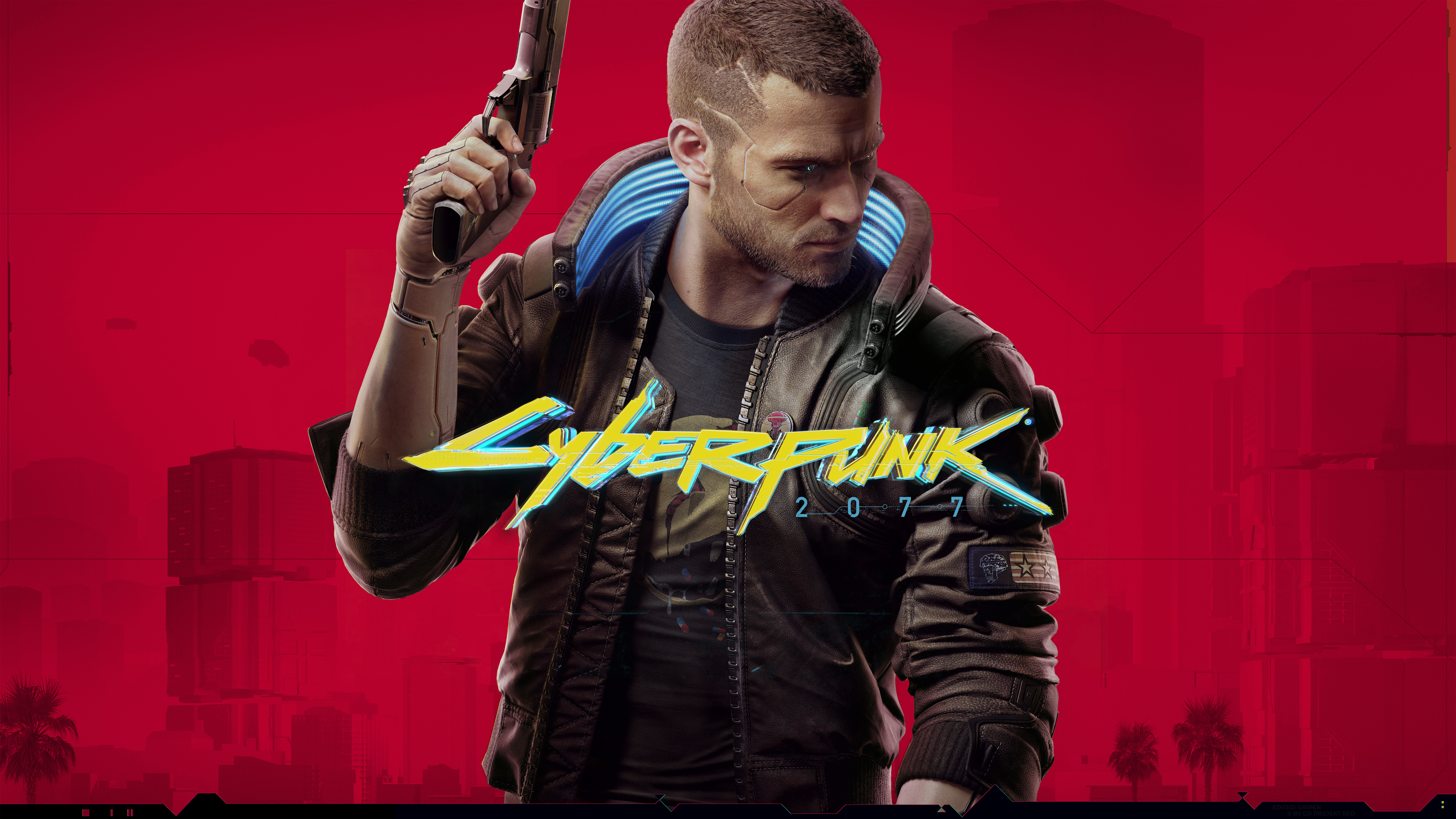 General 7111x4000 Cyberpunk 2077 CD Projekt RED video game art video games V (Cyberpunk 2077) PC gaming video game men video game characters weapon red background gun logo