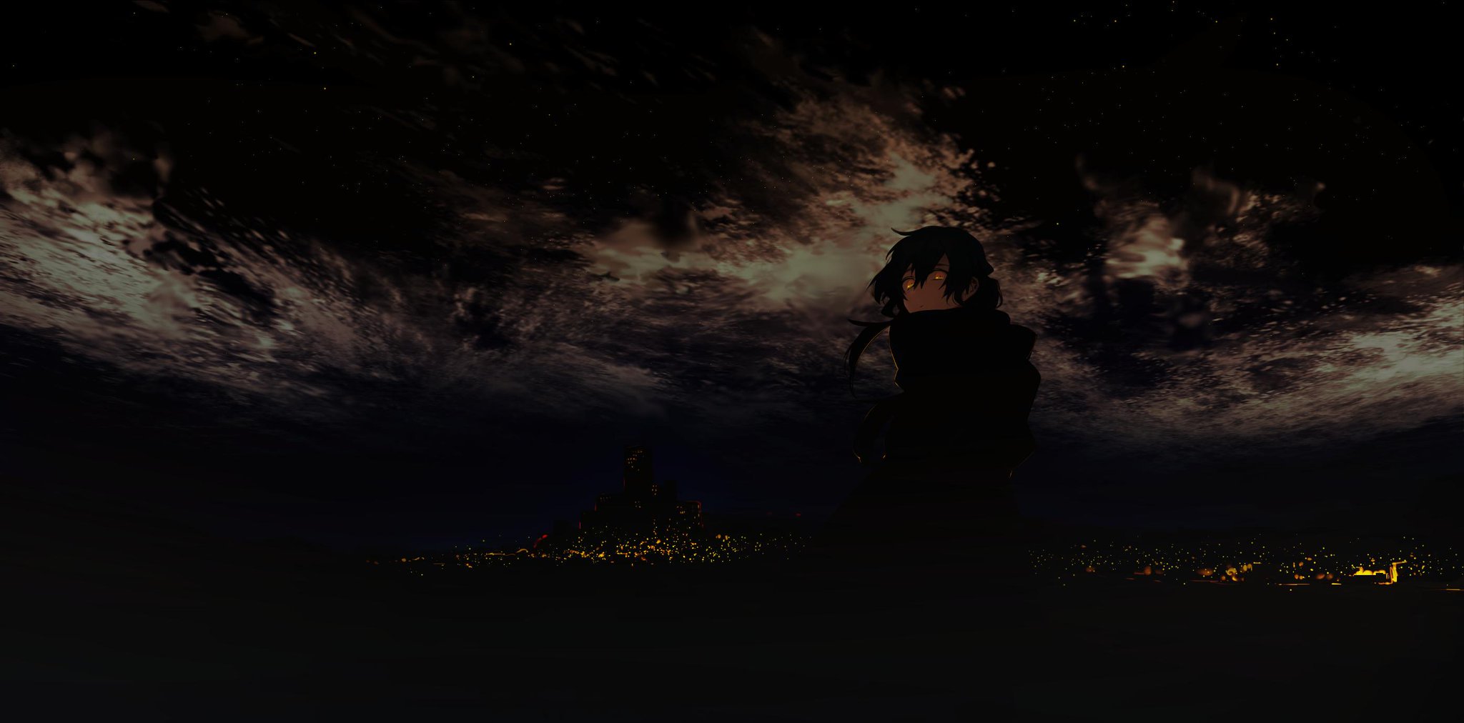 Anime 2048x1012 night sky dark stars clouds city lights glowing eyes wind