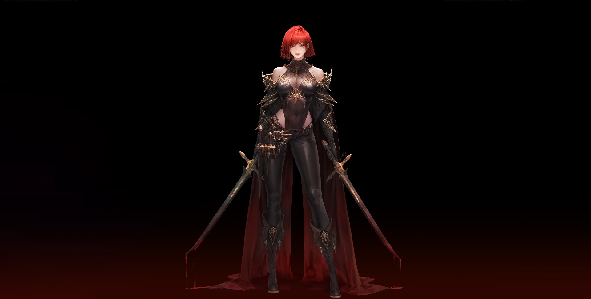 General 1920x973 dark simple background blood fantasy girl fantasy art redhead weapon black background