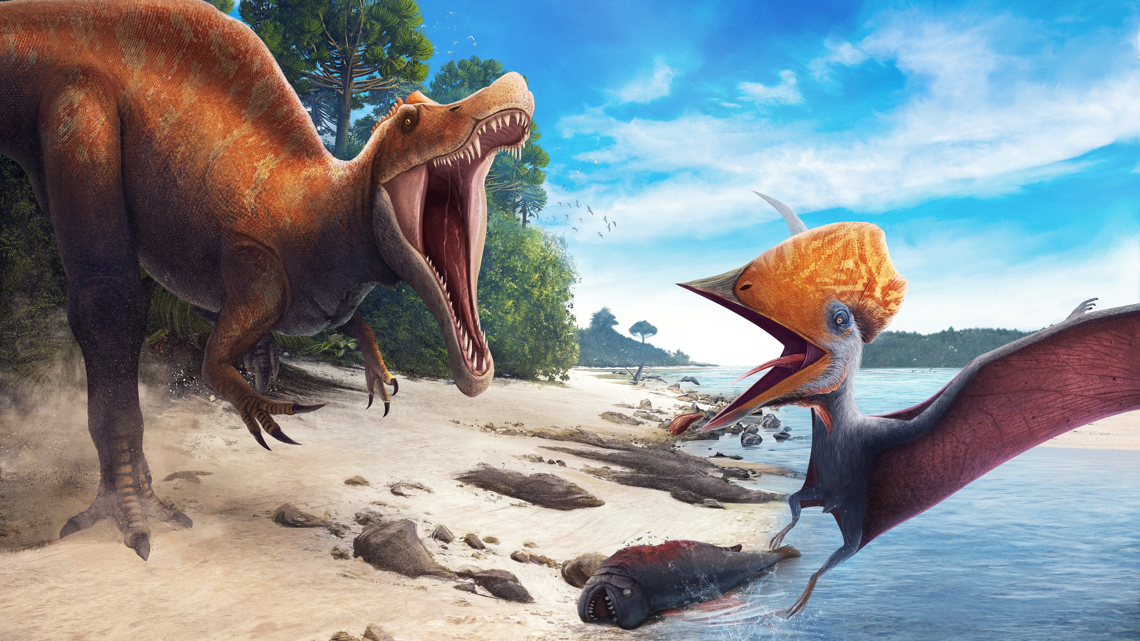 General 3840x2160 dinosaurs prehistoric life water beach