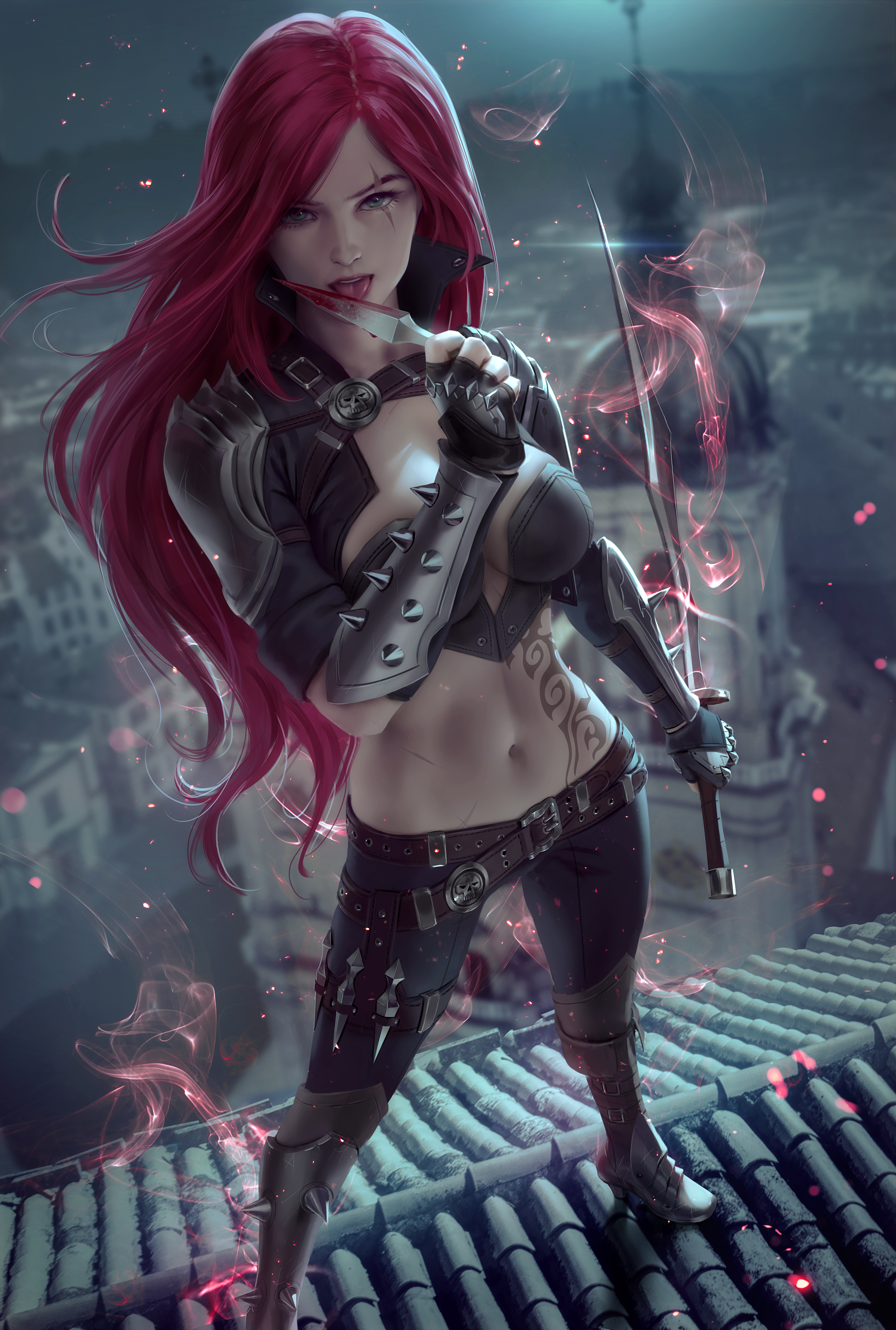 General 2696x4000 illustration artwork digital art fan art Katarina (League of Legends) League of Legends video game characters video game girls tattoo Zarory looking at viewer belly long hair sword drawing redhead portrait display tongue out video games
