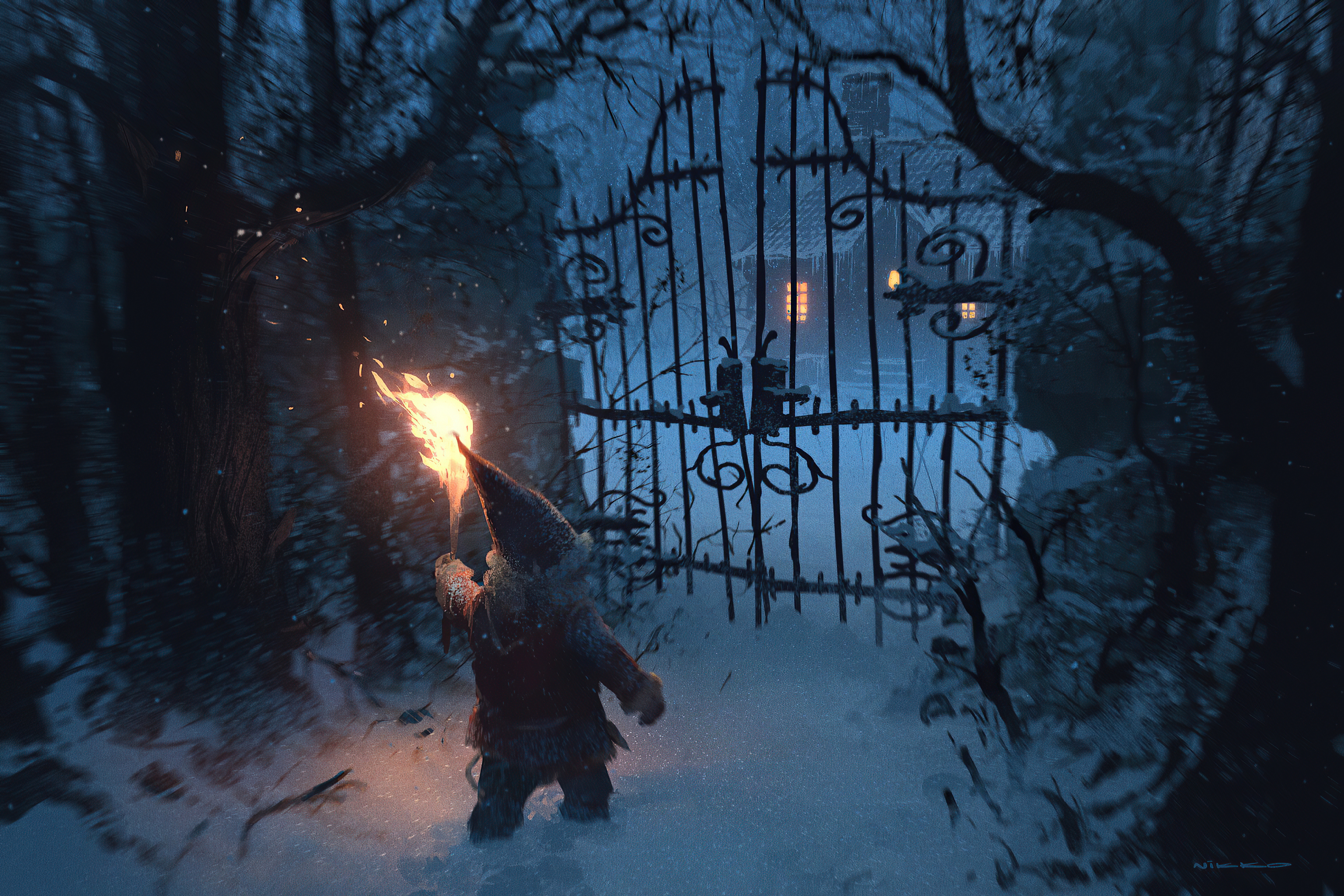 General 3840x2560 winter torches house night gates dwarf gnomes snow snowing snowflakes motion blur artwork 2D fantastic realism