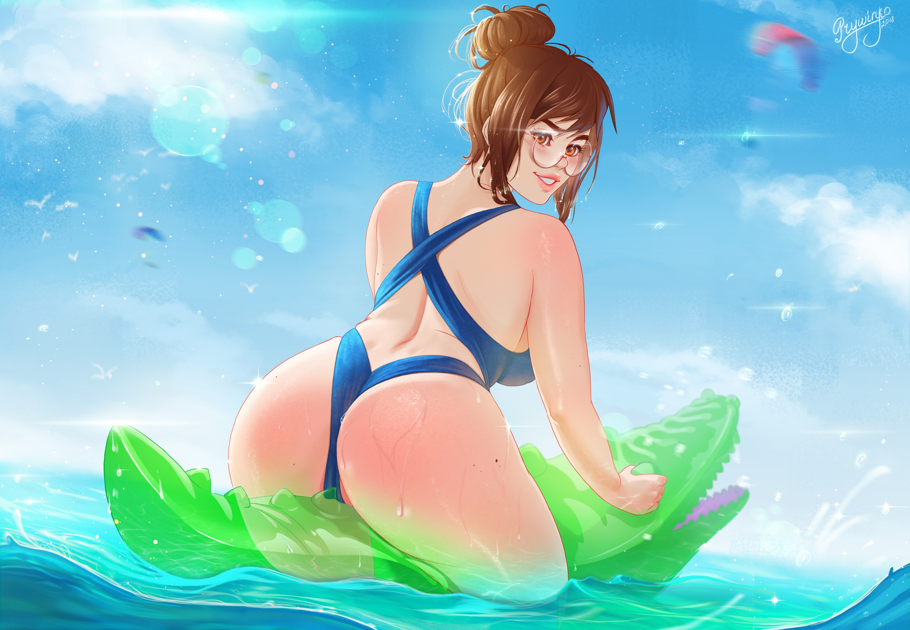 General 3000x2076 Mei (Overwatch) Overwatch video games video game girls video game characters brunette hairbun glasses lens flare ass thick thigh artwork drawing digital art fan art Prywinko bright