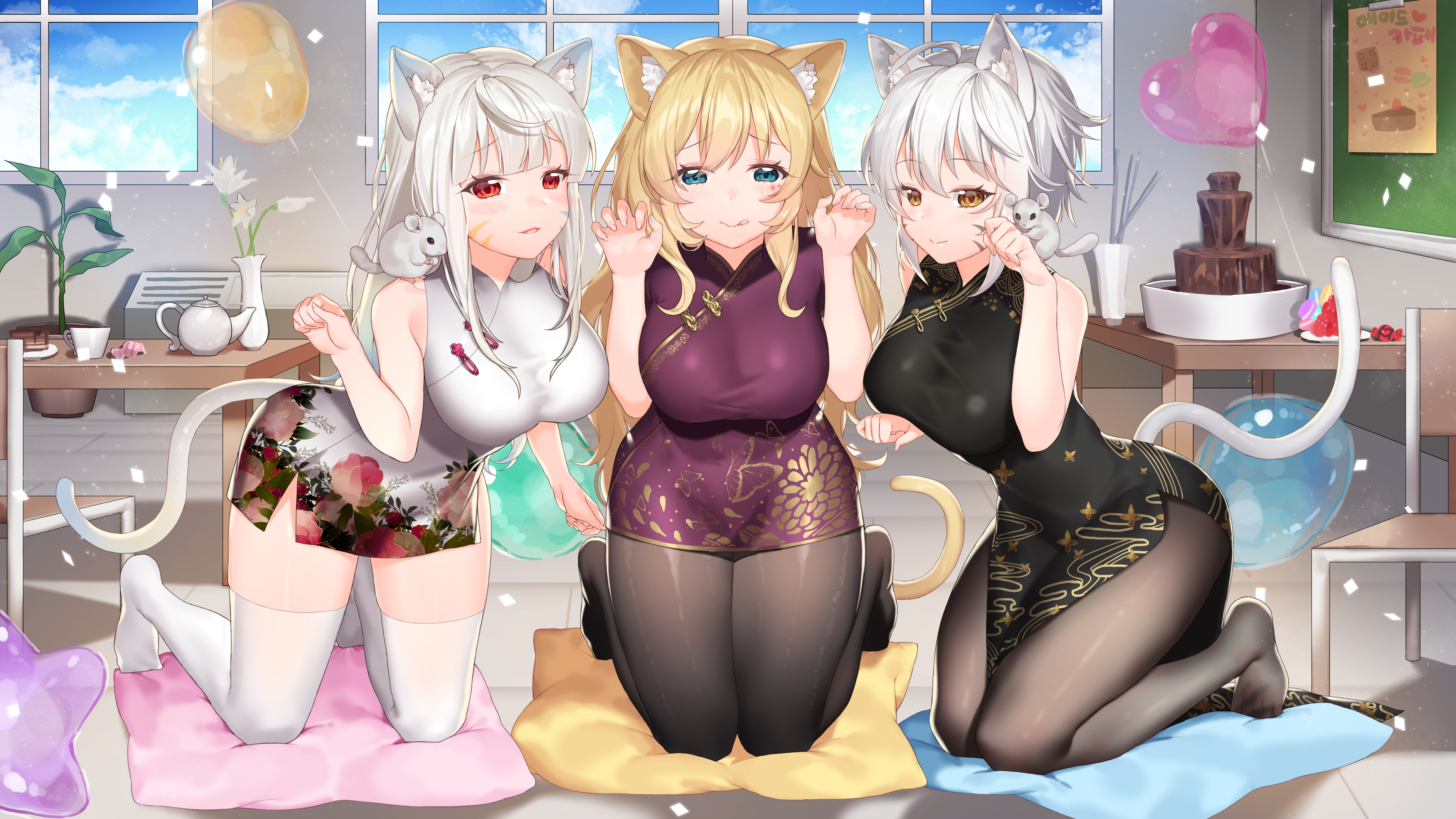 Anime 7680x4320 cleavage Chinese dress cat girl thick thigh thigh-highs animal ears big boobs anime