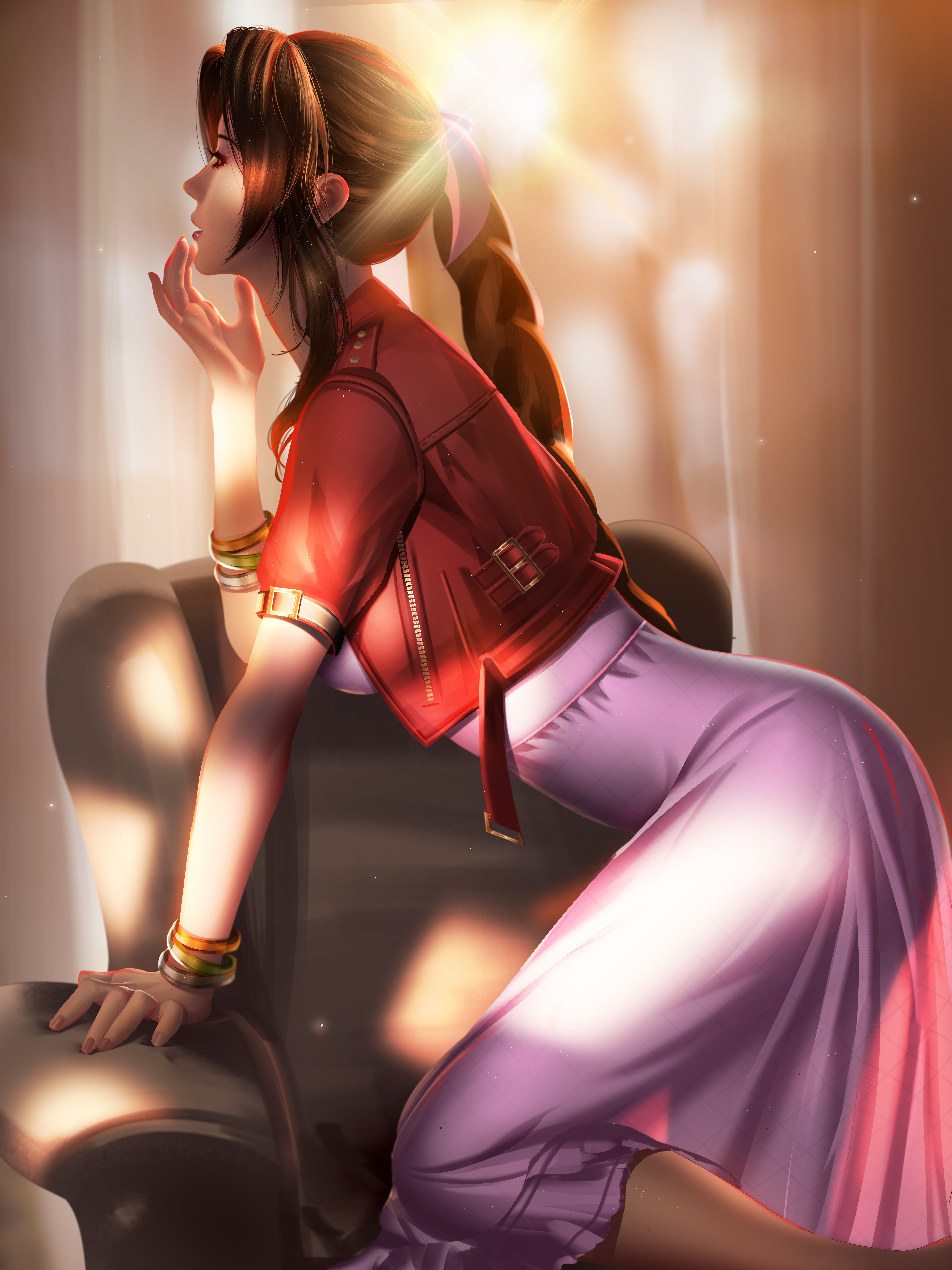 General 6000x8000 Aerith Gainsborough Final Fantasy video games video game characters video game girls brunette ponytail long hair profile lens flare backlighting jacket dress kneeling side view bracelets sunlight couch portrait display artwork drawing digital art fan art Jason Liang parted lips women