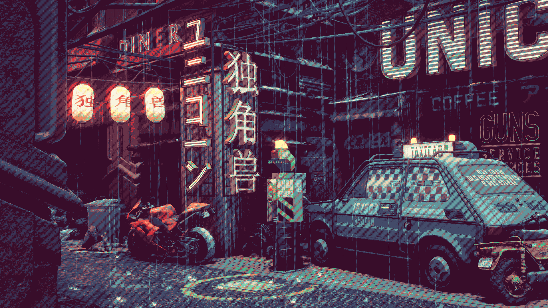 General 1920x1080 Japan pixel art urban rain motorcycle cyberpunk Blade Runner Chinese FIAT 126