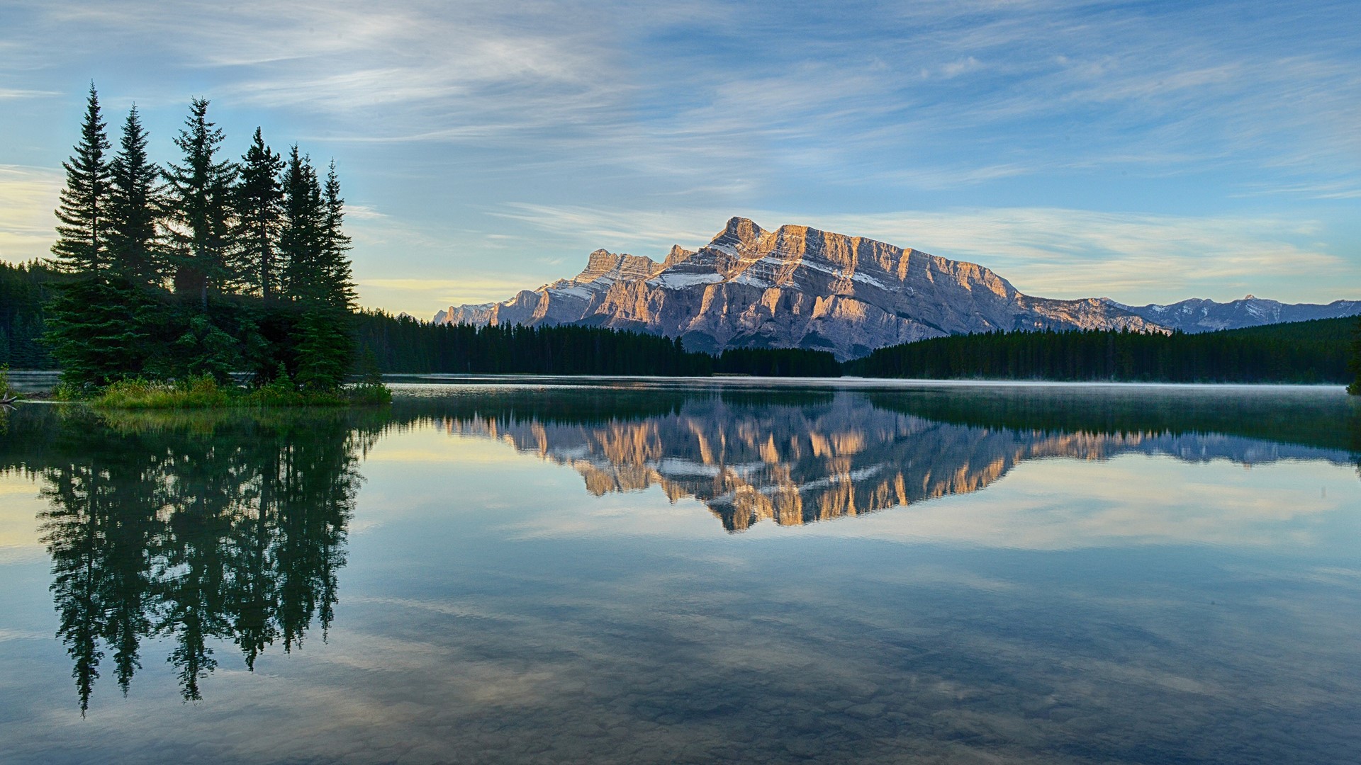 General 1920x1080 nature landscape mountains lake forest reflection clouds water clear water Mount Rundle Alberta Canada Banff National Park Two Jack Lake trees