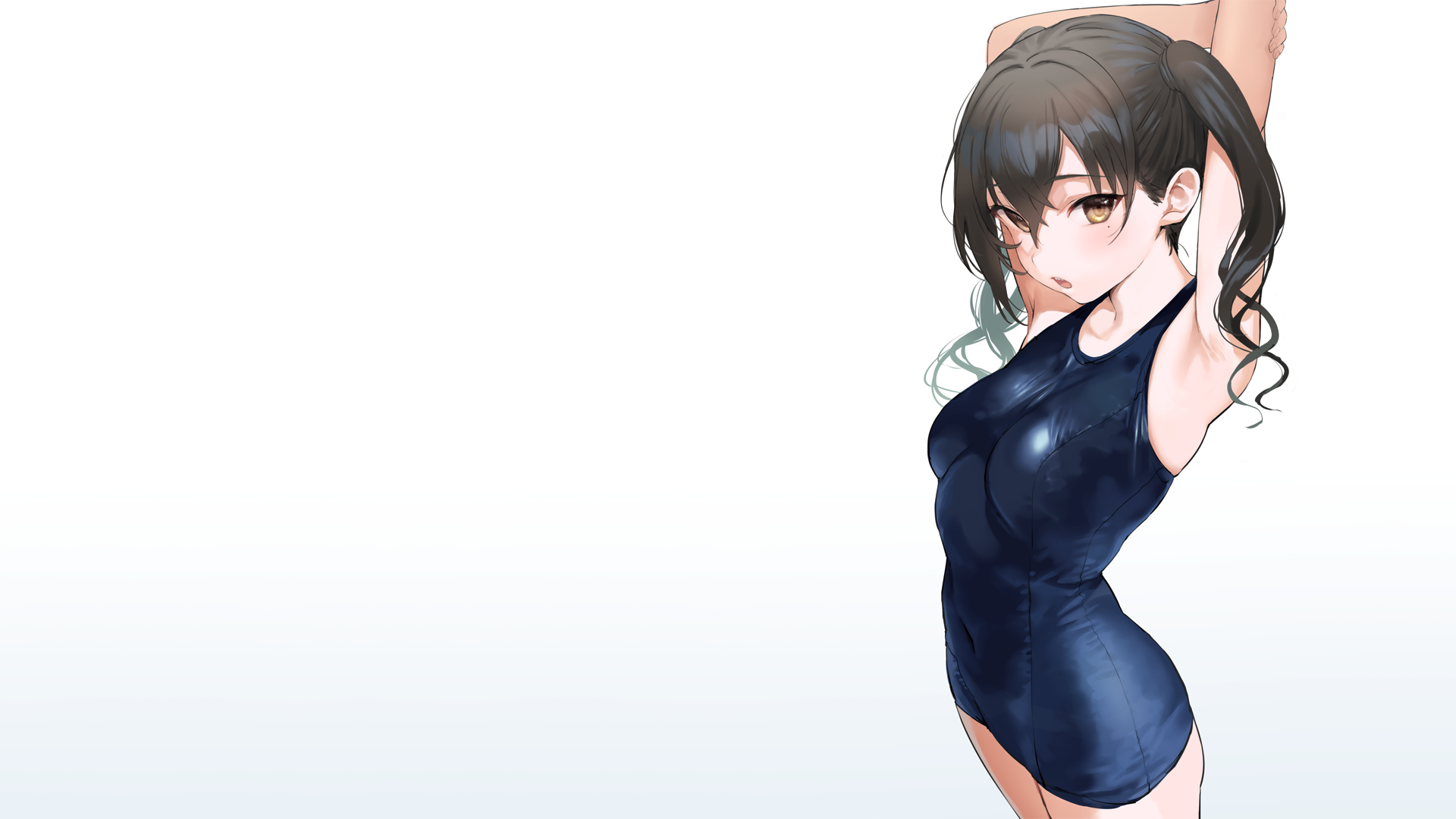Anime 1920x1080 THE iDOLM@STER THE iDOLM@STER: Cinderella Girls Sunazuka Akira anime anime girls brunette arms up yellow eyes open mouth swimwear standing looking at viewer simple background beige background erotic art 