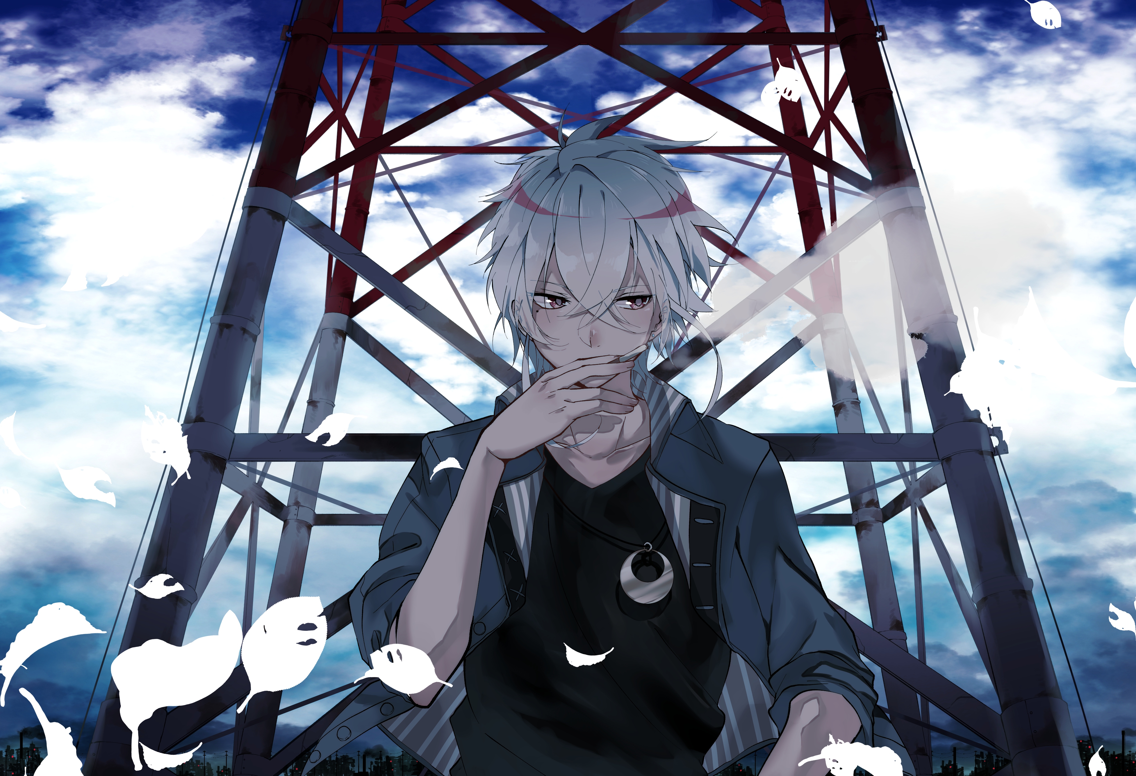 Anime 3907x2667 smoking tower men feathers sky clouds anime necklace white hair smoke frontal view cigarettes looking away