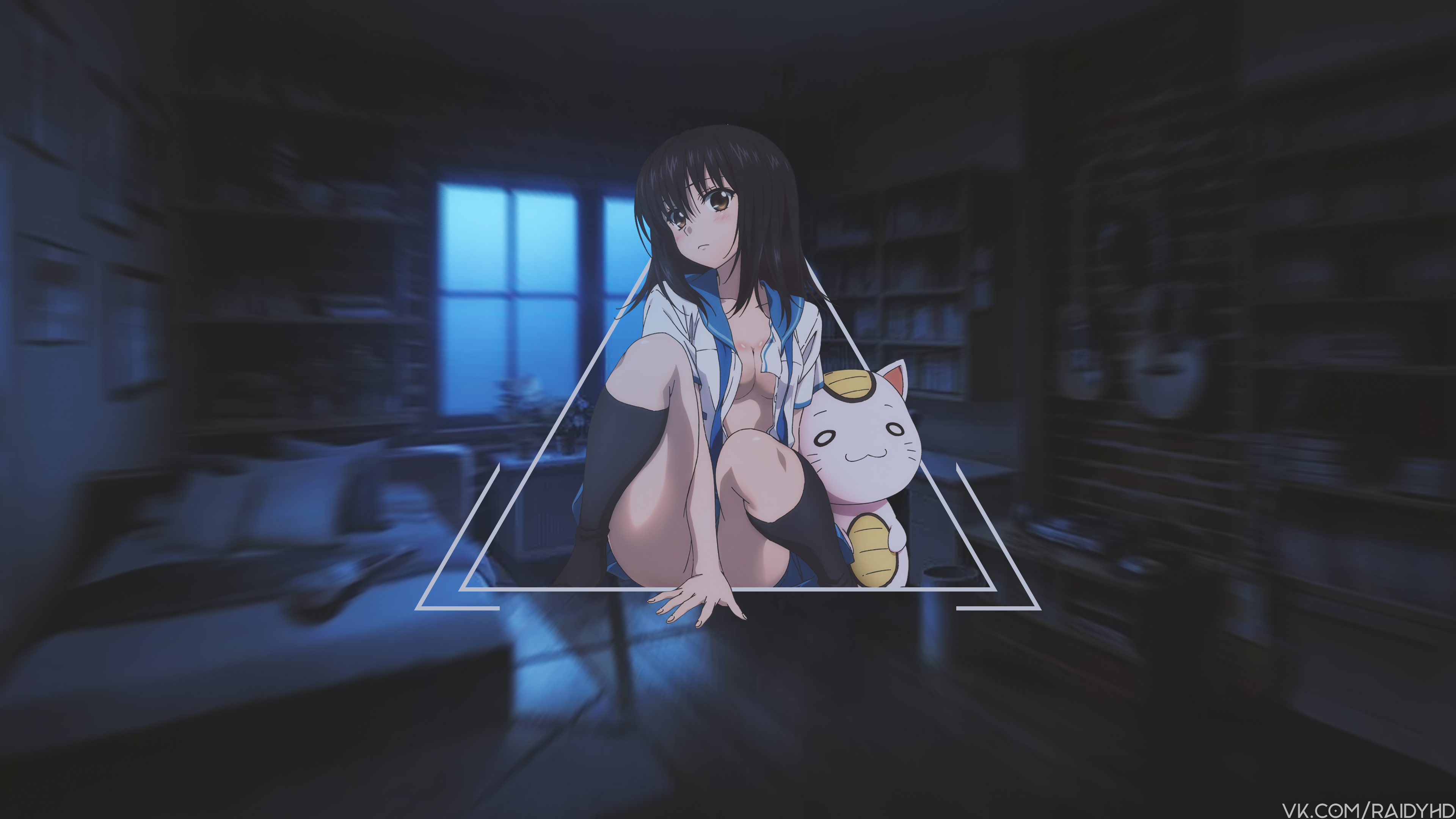 Anime 3840x2160 no bra strategic covering Strike the Blood anime bottomless long hair picture-in-picture socks black socks  collarbone closed mouth brown eyes looking at viewer bent legs watermarked open shirt open clothes anime girls hand(s) between legs