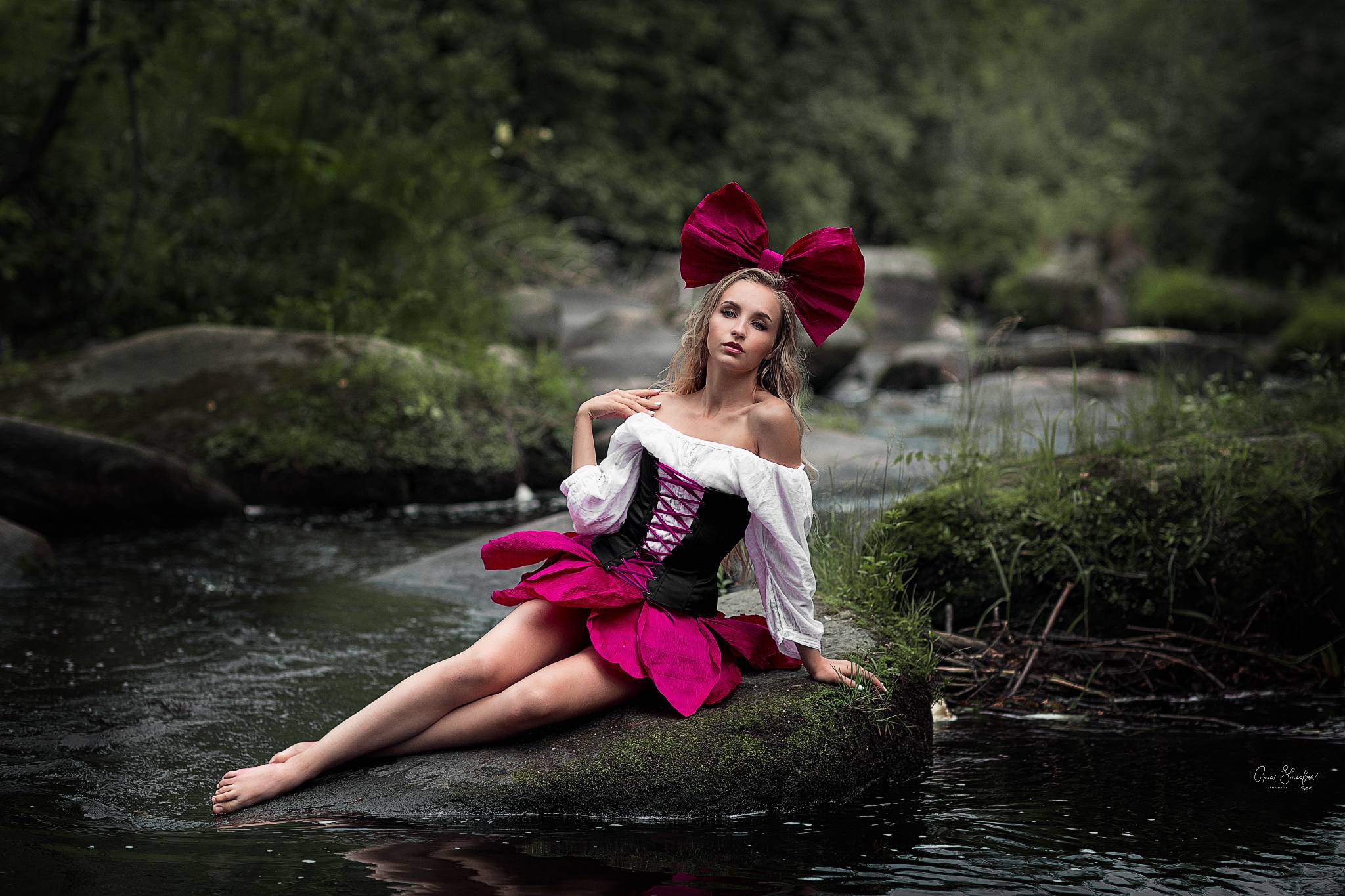 People 2048x1365 women model blonde long hair looking at viewer bare shoulders blouses miniskirt corset legs barefoot arm support forest river water rocks depth of field outdoors women outdoors