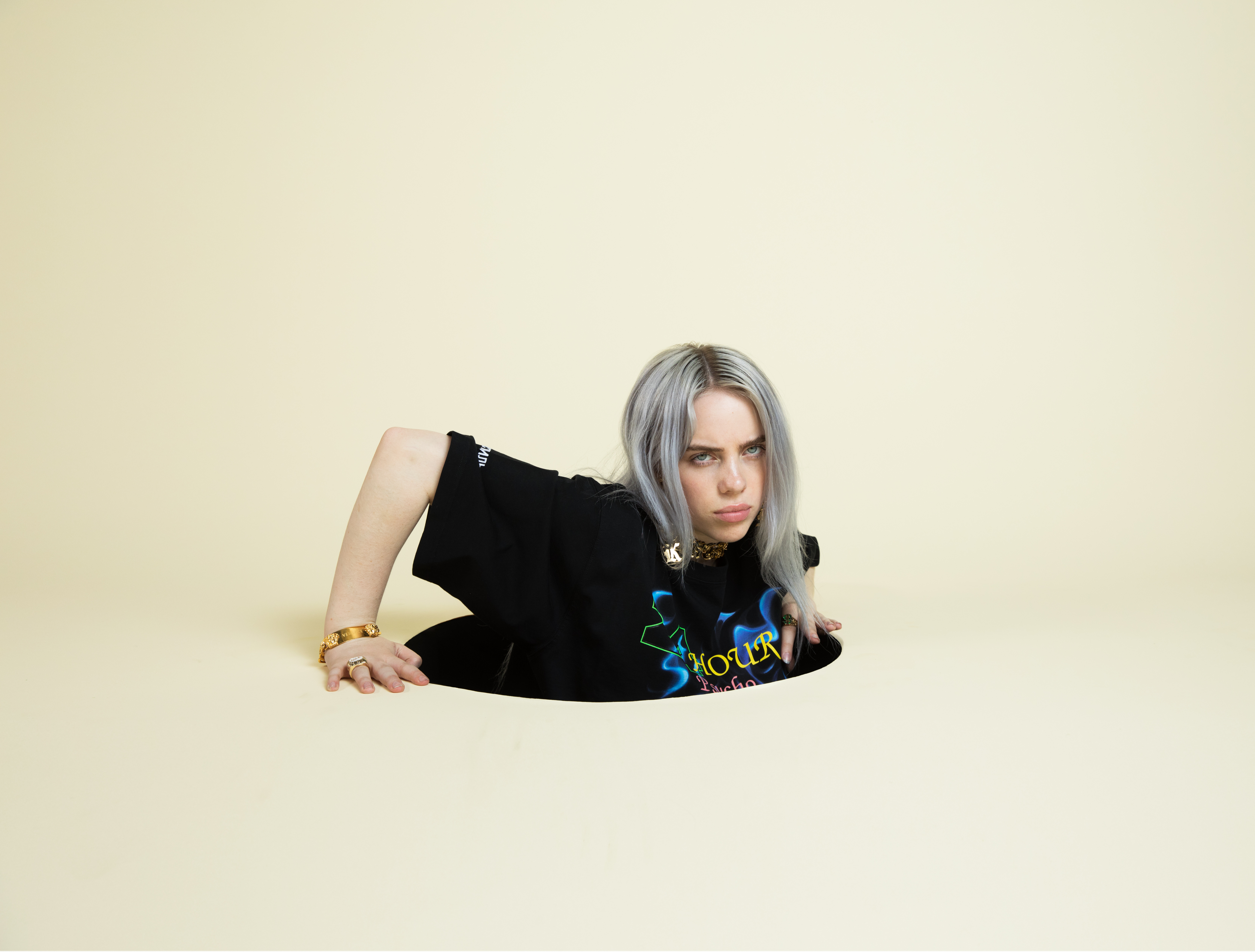 People 6720x5100 Billie Eilish music musician simple background dyed hair blue eyes looking at viewer T-shirt women