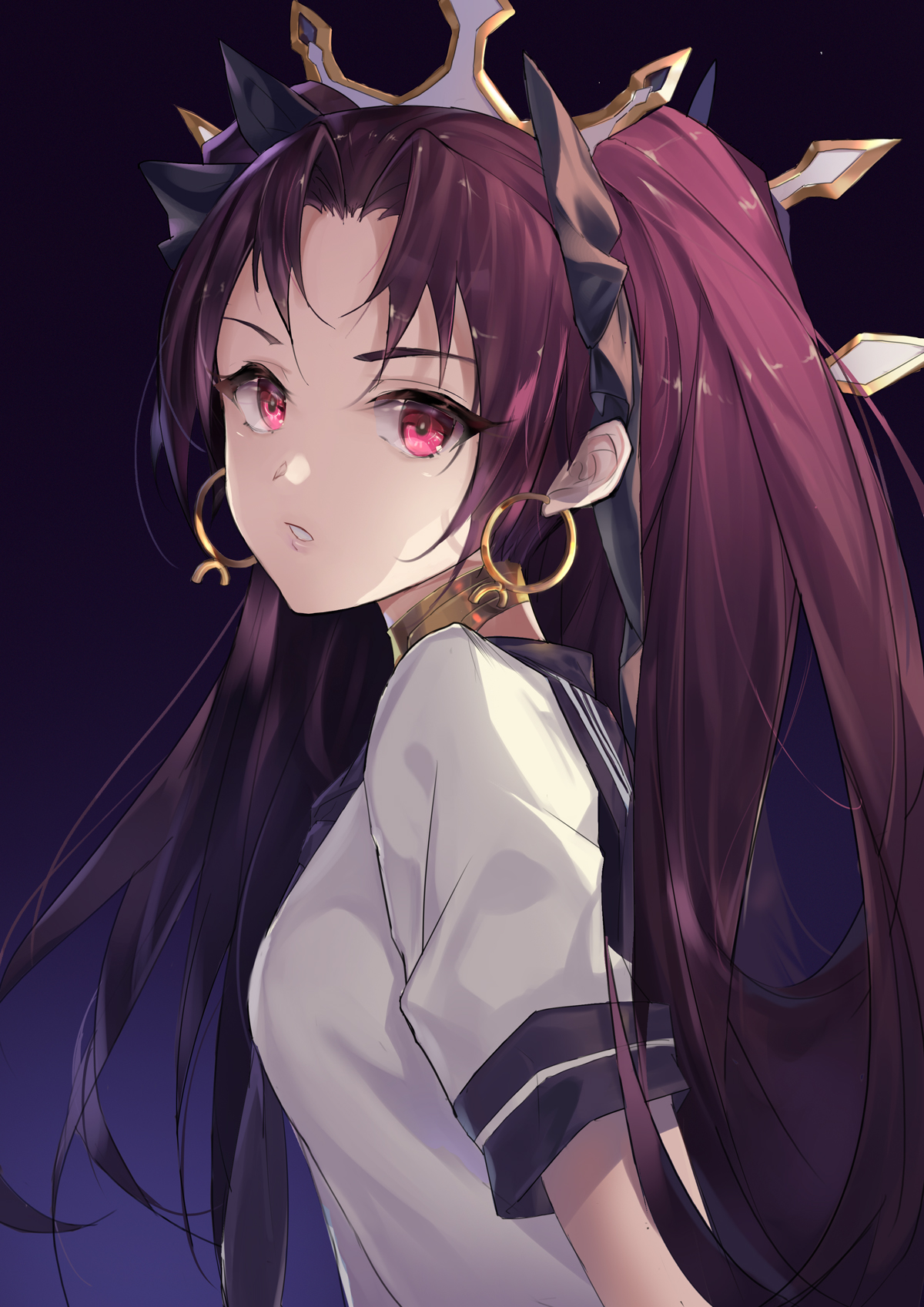 Anime 1200x1697 anime anime girls simple background Fate/Grand Order Fate series Ishtar (Fate/Grand Order) school uniform Rabbit (artist) small boobs 2D sideboob pink eyes parted lips bangs looking at viewer twintails black hair long hair fan art side view arm(s) behind back alternate costume
