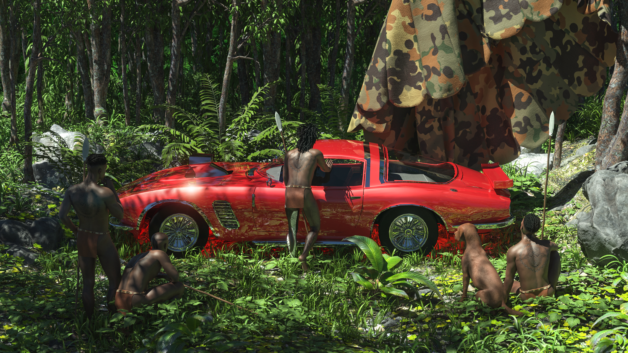 General 2560x1440 Daz 3D CGI jungle forest wood trees plants rocks car muscle cars parachutes tribe tribesmen dog spear red green