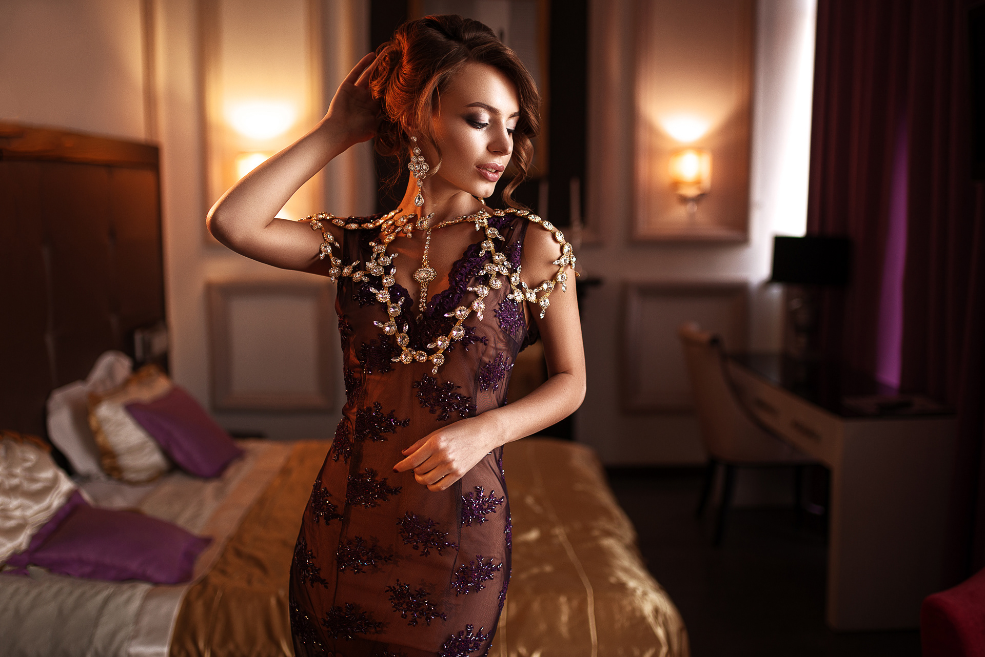 People 1920x1282 Maks Kuzin luxury women model dress jewelry hotel bed purple dress lipstick earring