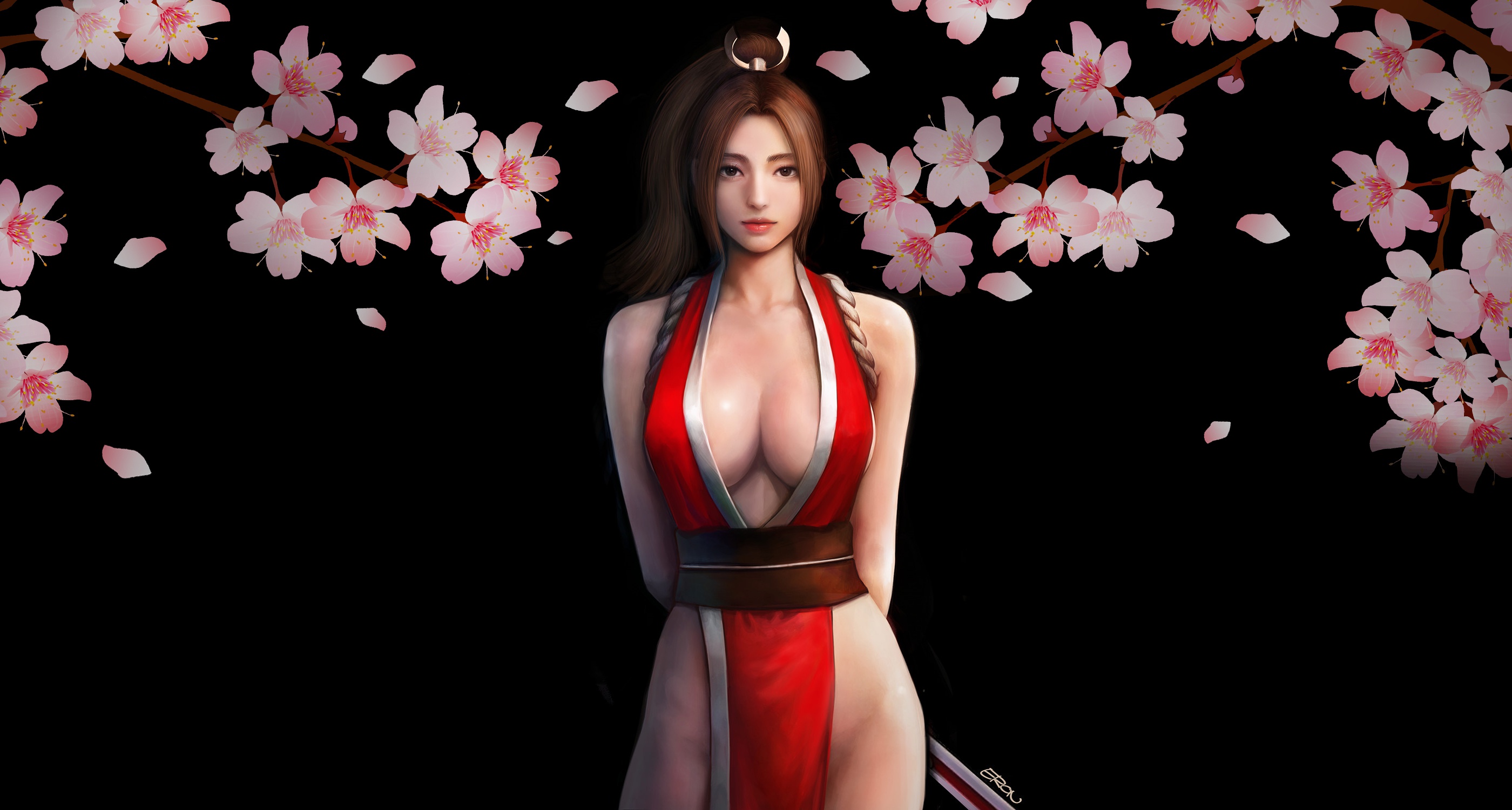 Anime 2800x1500 anime girls anime big boobs cleavage fantasy art flowers fantasy girl Mai Shiranui King of Fighters Fatal Fury boobs video games plants simple background black background