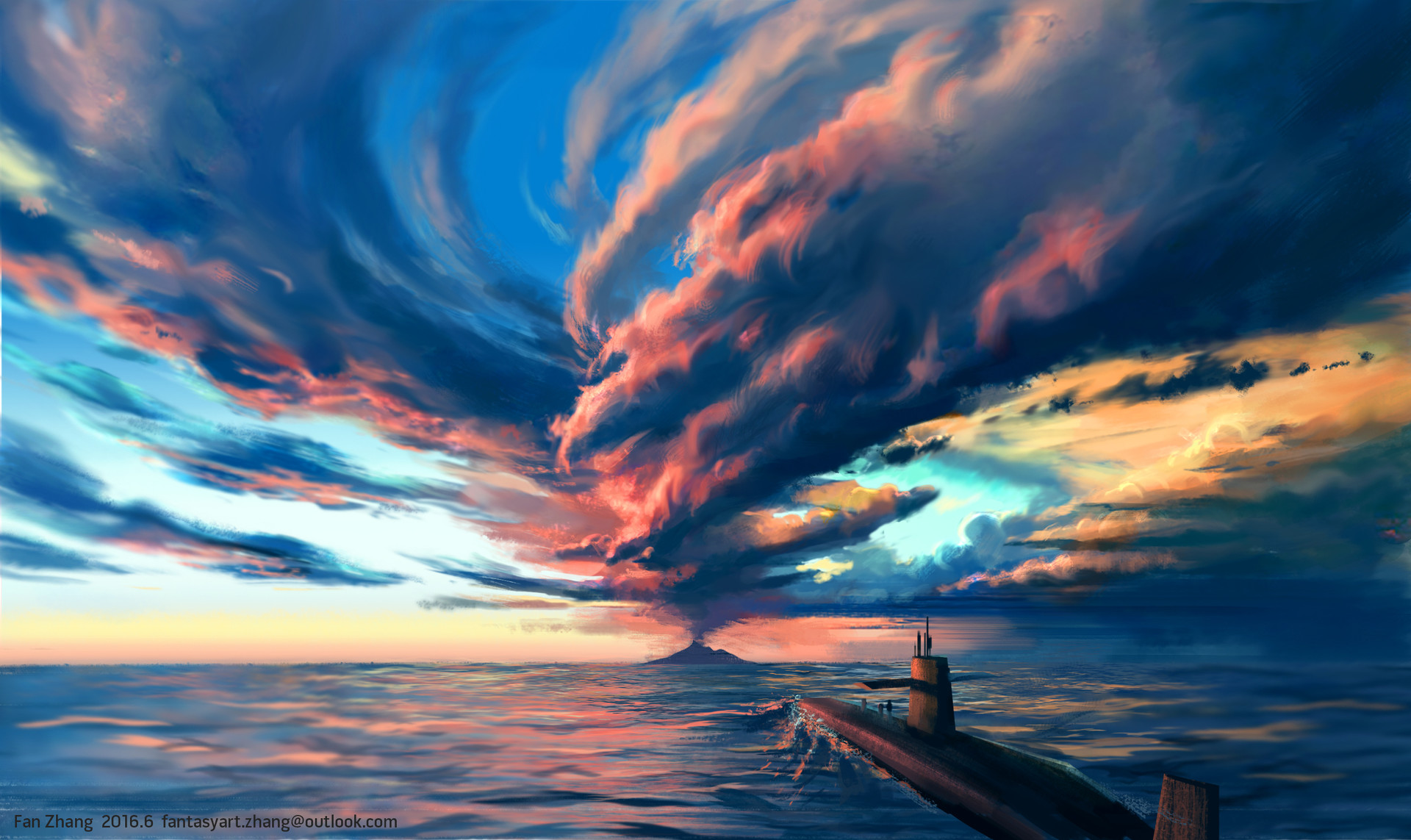 General 1920x1143 digital art artwork sea submarine clouds sky mountains vehicle 2016 (year)
