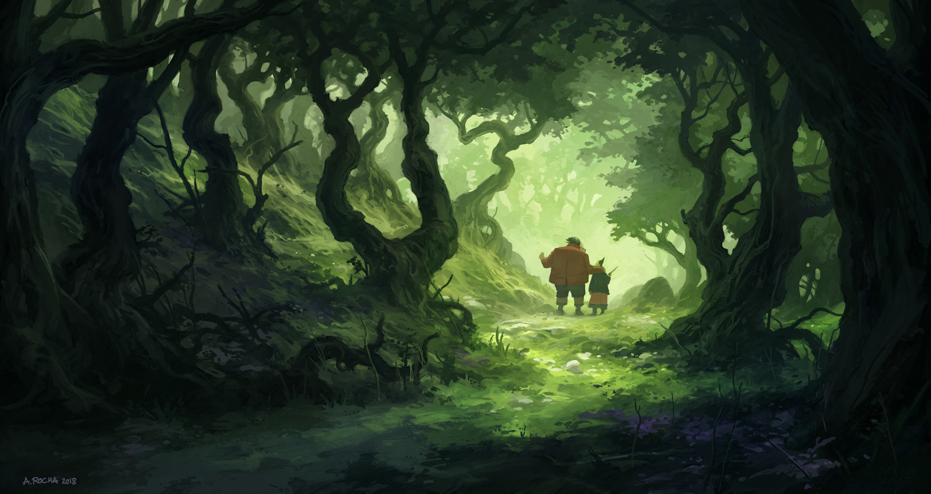 General 1920x1020 Andreas Rocha nature trees forest leaves people road twigs digital art 2018 (year) signature natural light